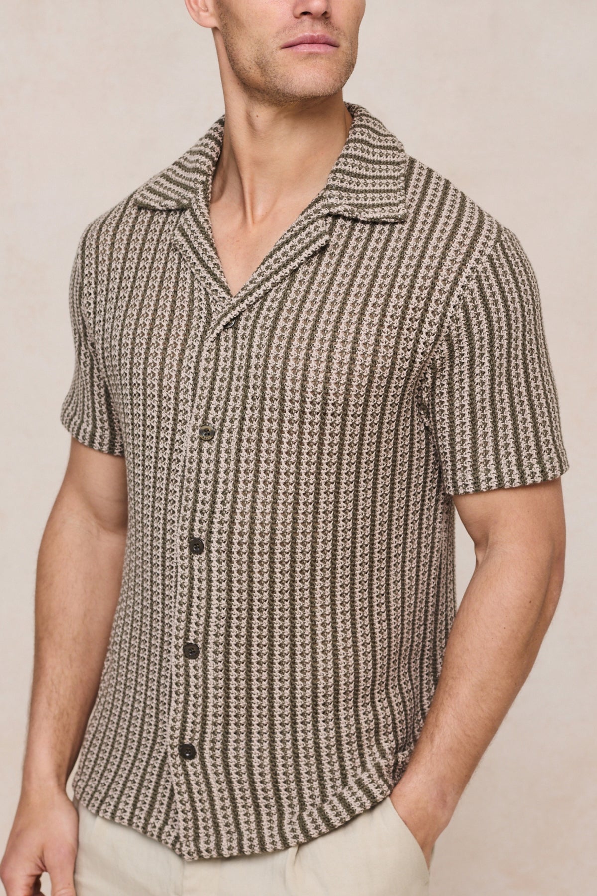Salvador Knitted Camp Collar Shirt - Khaki/Sand