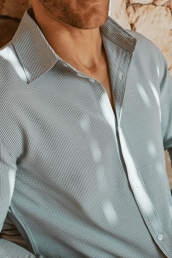 Vittorio Seersucker shirt met lange mouwen - Zwart/Wit