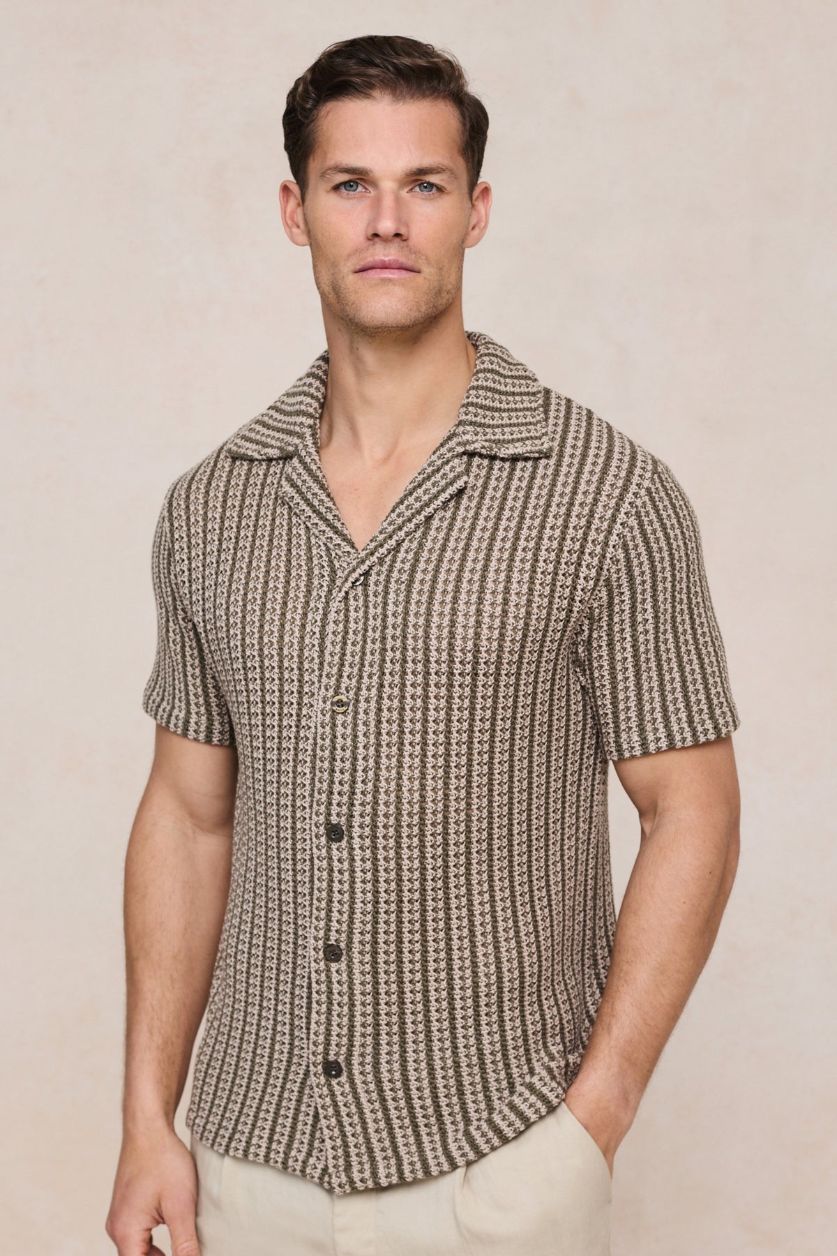 Salvador gebreid overhemd met camp collar - Khaki/Zand
