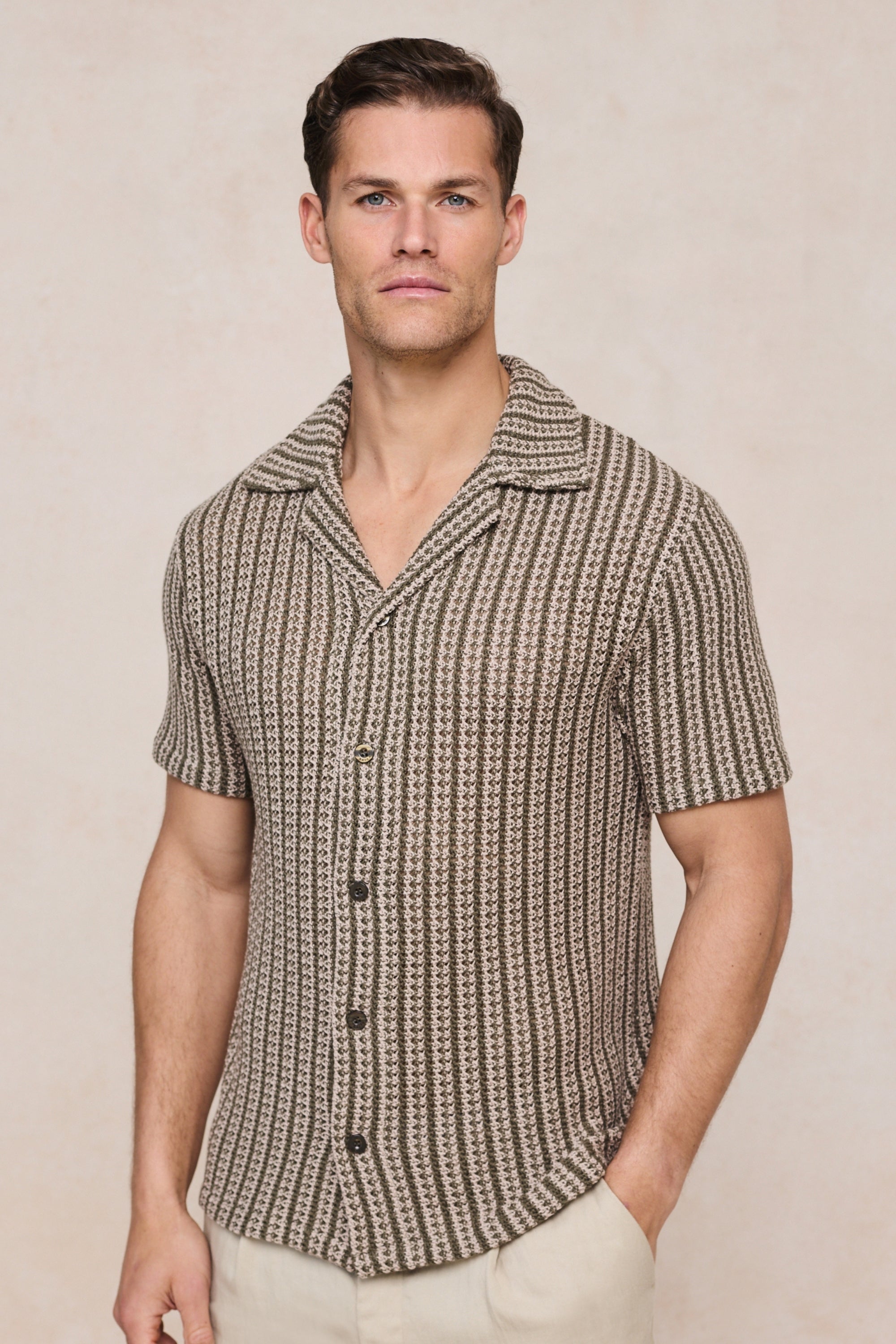 Salvador gebreid overhemd met camp collar - Khaki/Zand