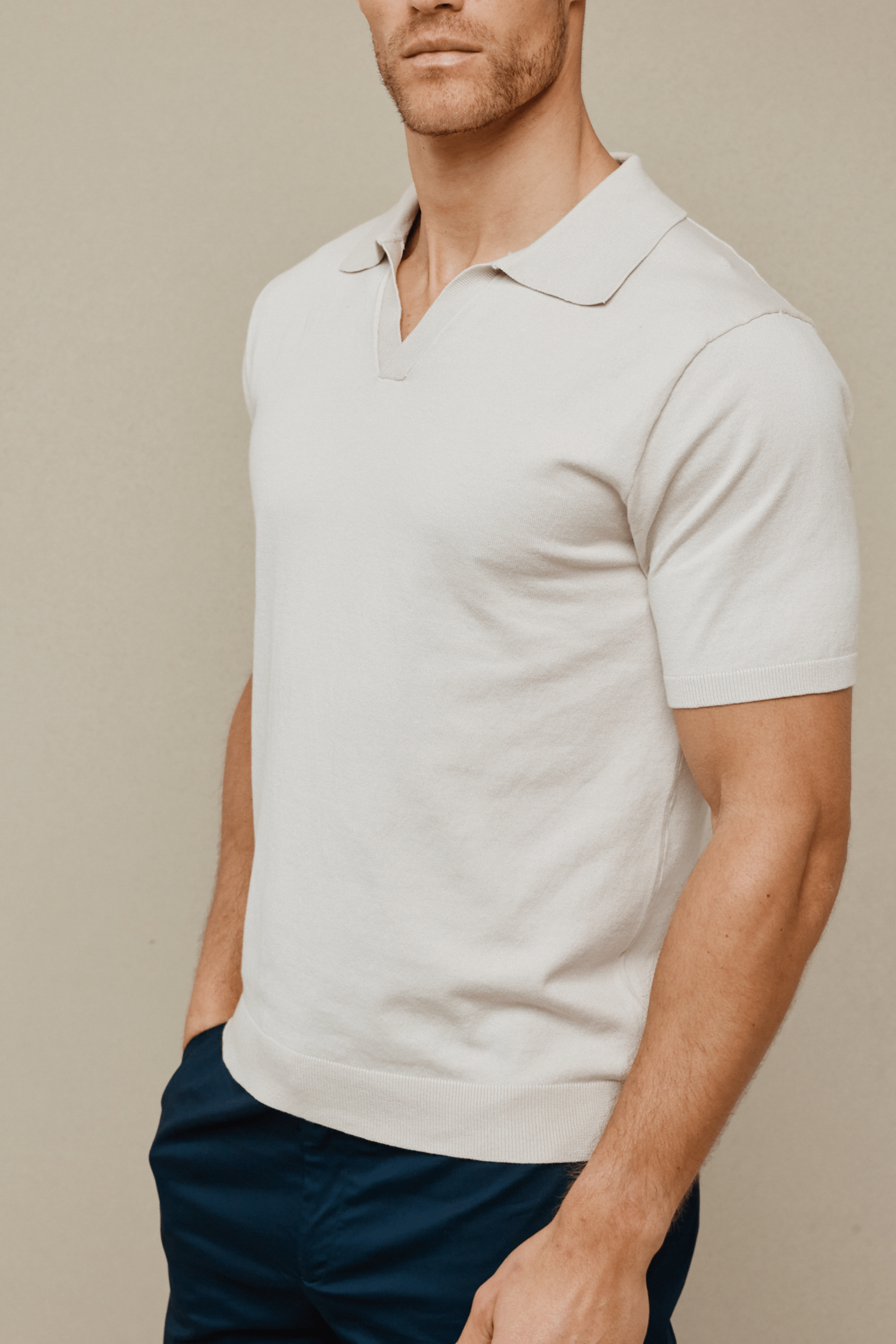 Privia Knitted Open Neck Polo - Oatmeal