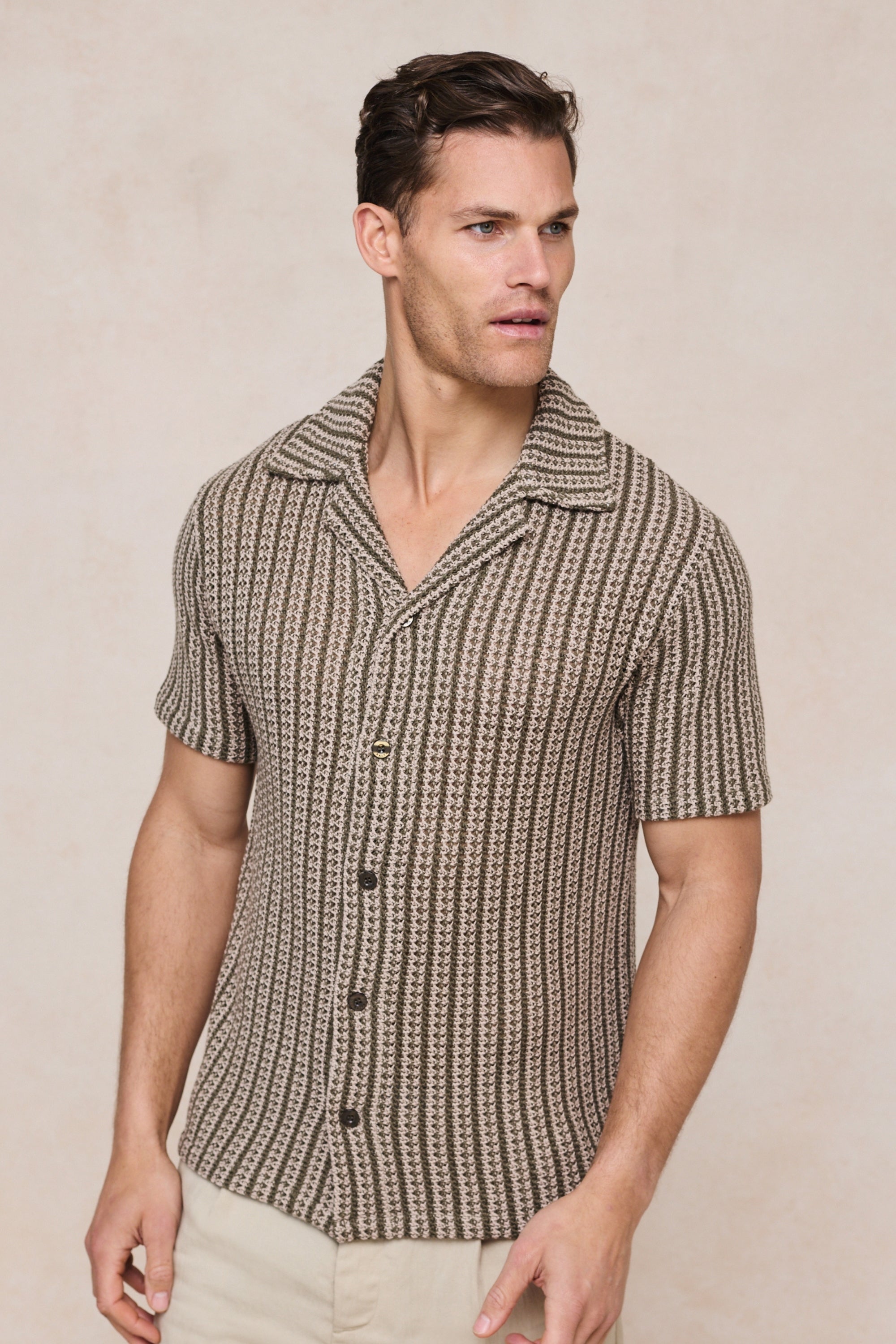 Salvador gebreid overhemd met camp collar - Khaki/Zand