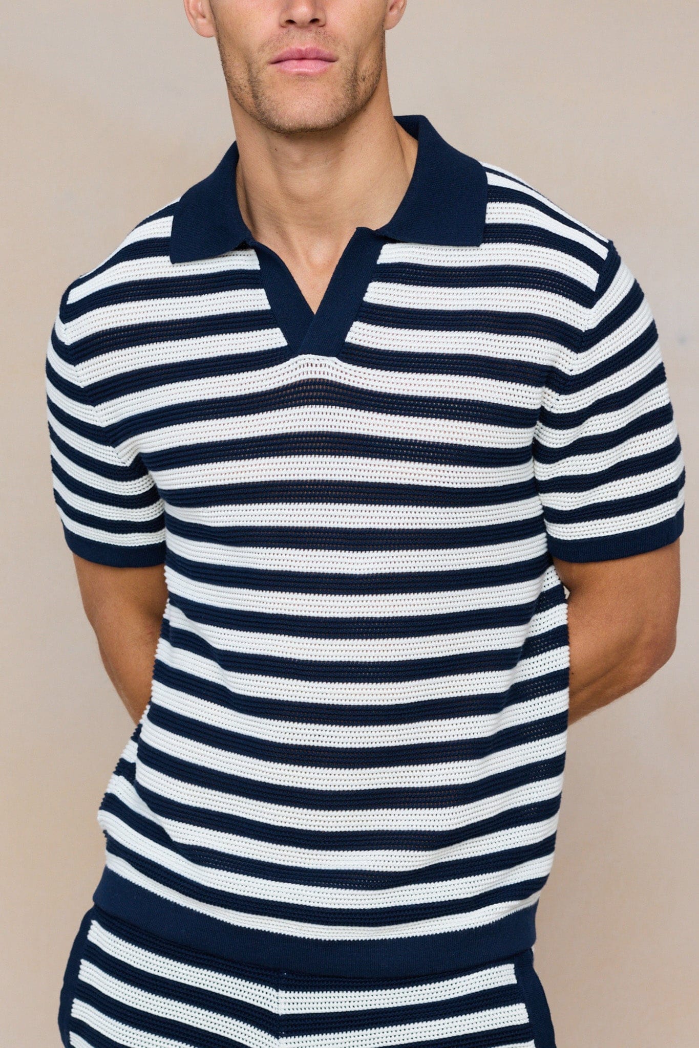 Lattolo Gestreept Gebreid Poloshirt - Marine/Ecru