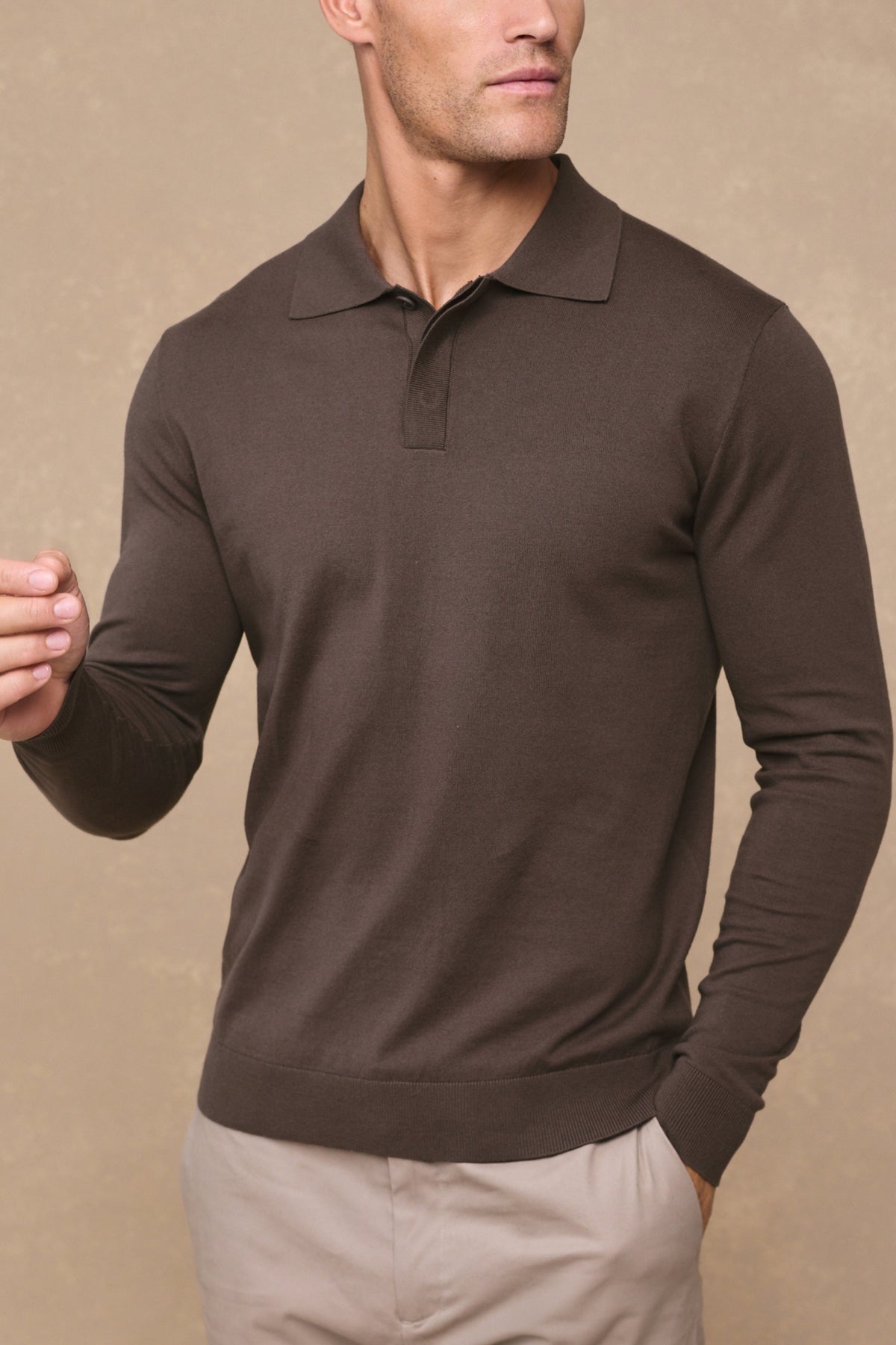 Andre Cotton Long Sleeve Button Polo - Mocha