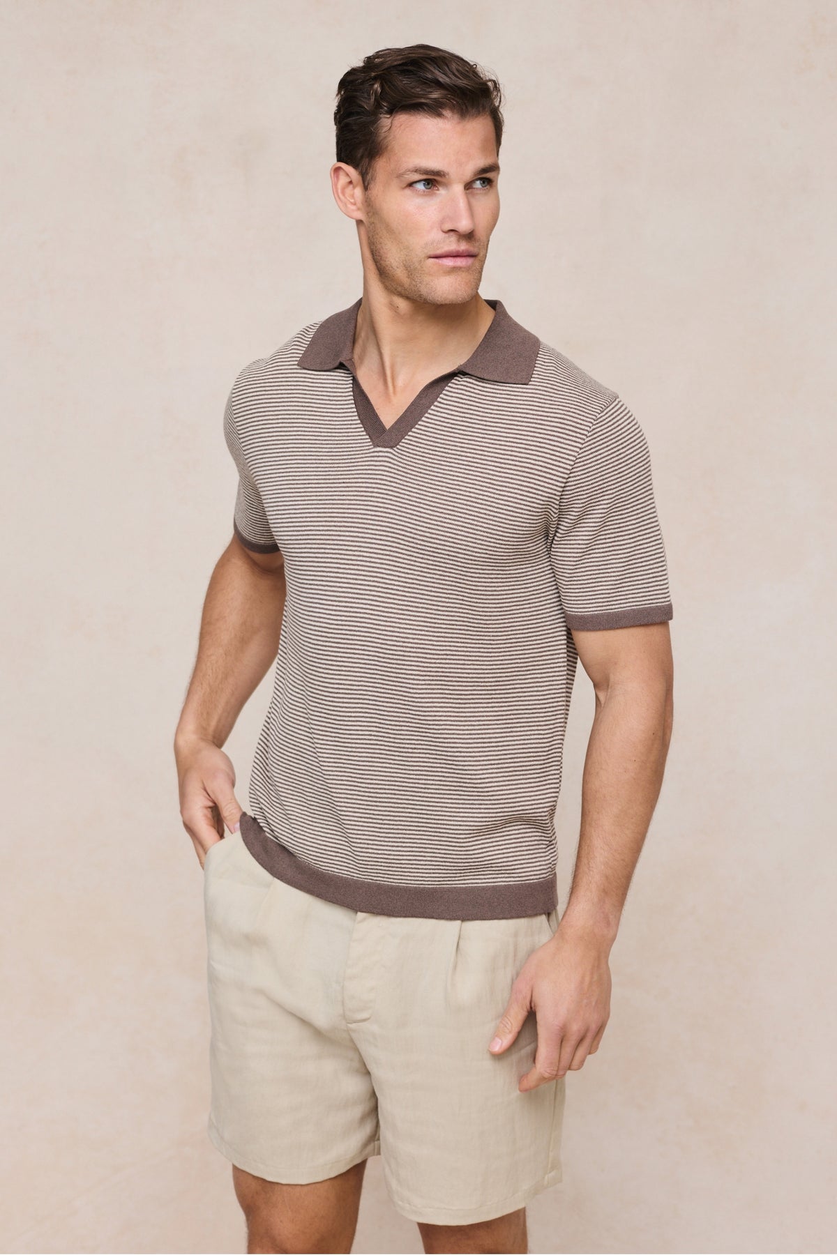 Antonio Polo met contrasterende bies en strepen van linnen - Bruin/Beige