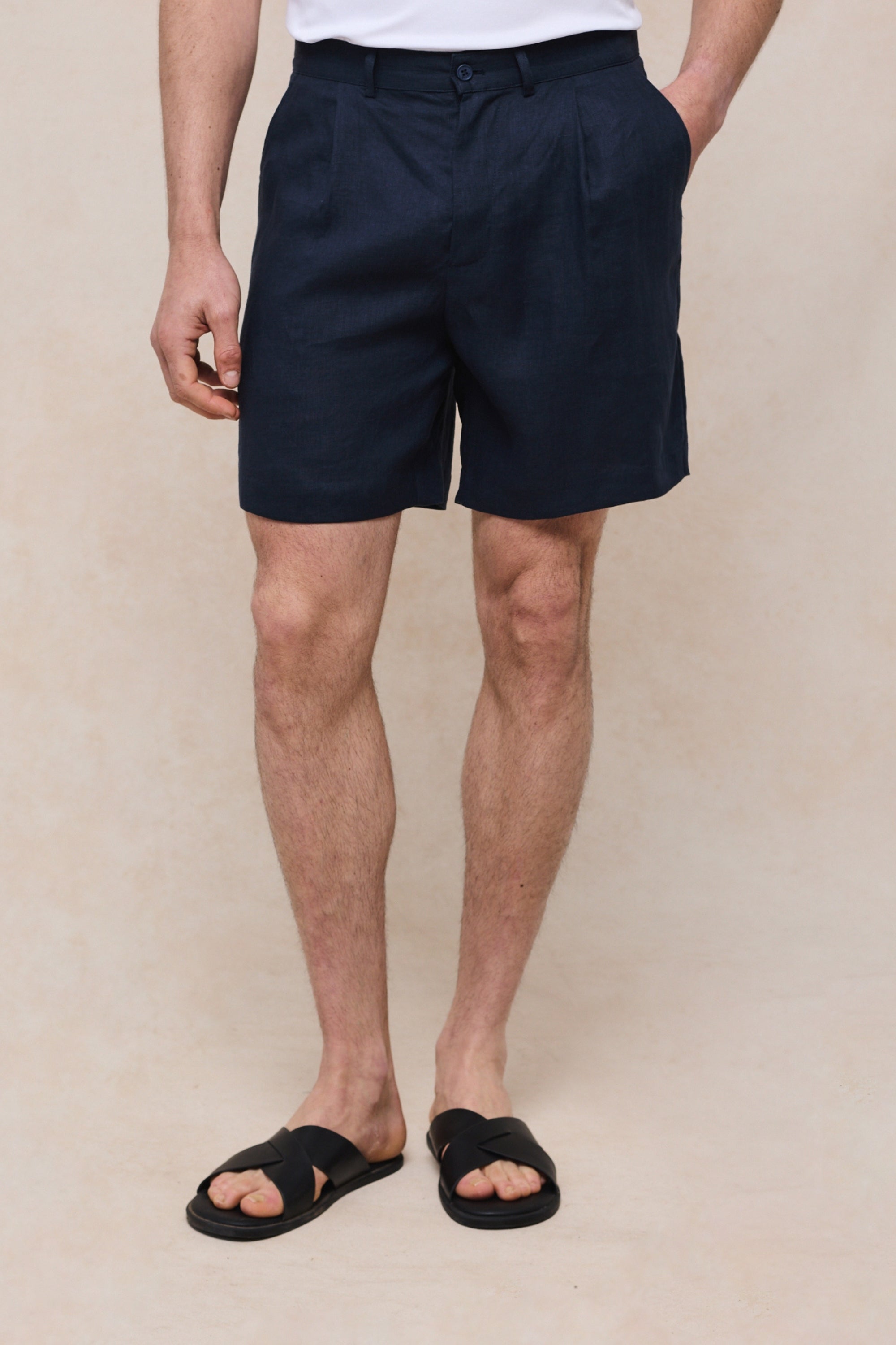 Javier Pleated Waistband Linen Short - Navy