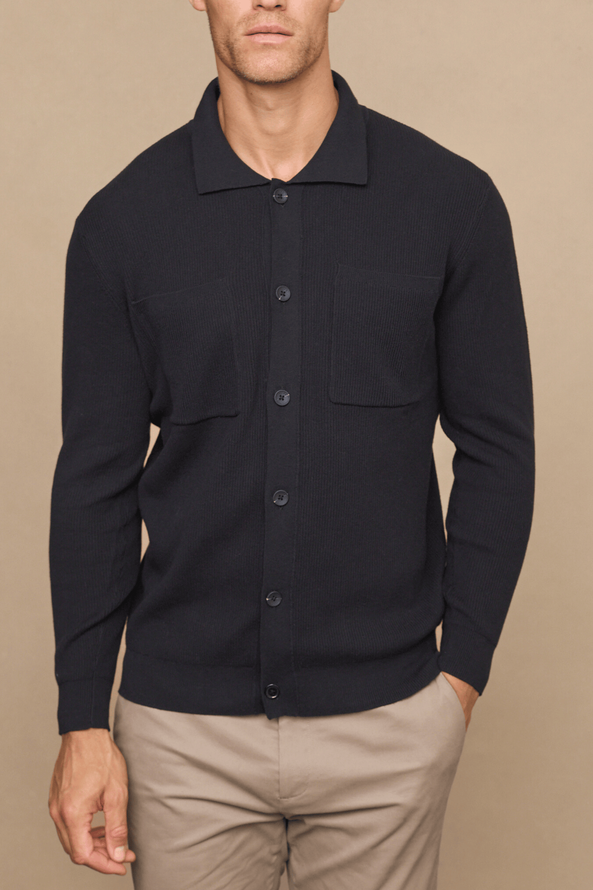Elias Rib Top Pocket Cardigan - Zwart