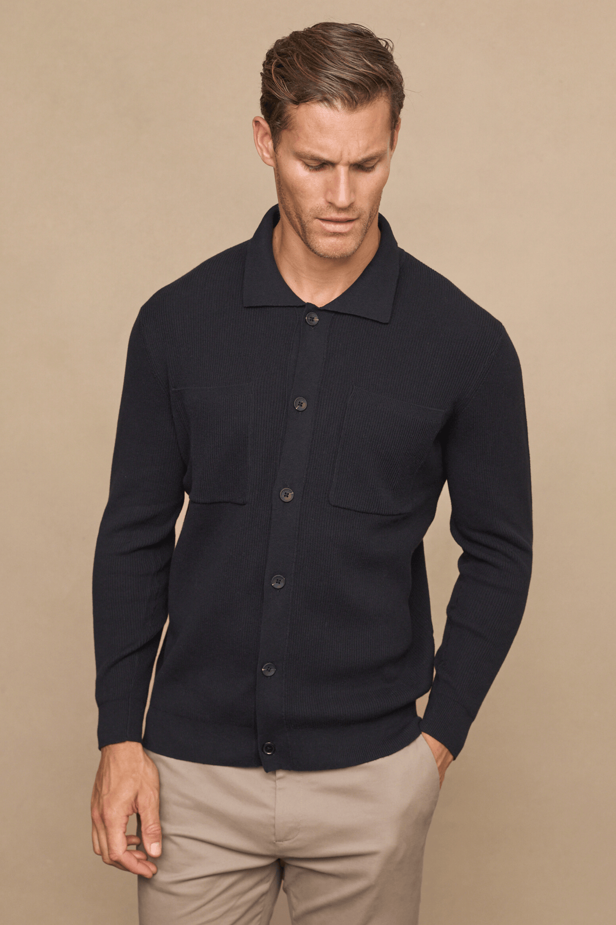 Elias Rib Top Pocket Cardigan - Zwart