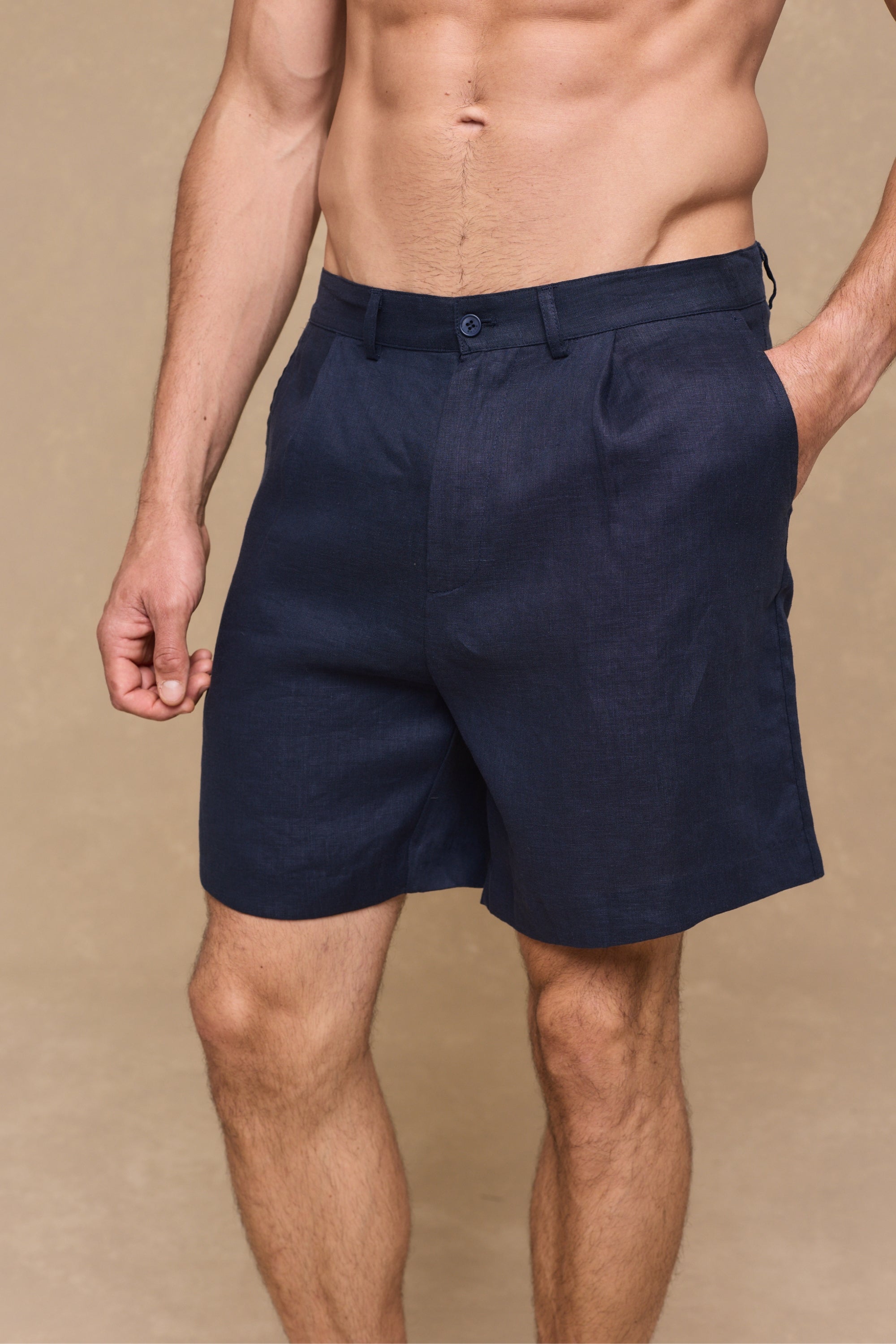Javier linnen short met geplooide tailleband - marineblauw
