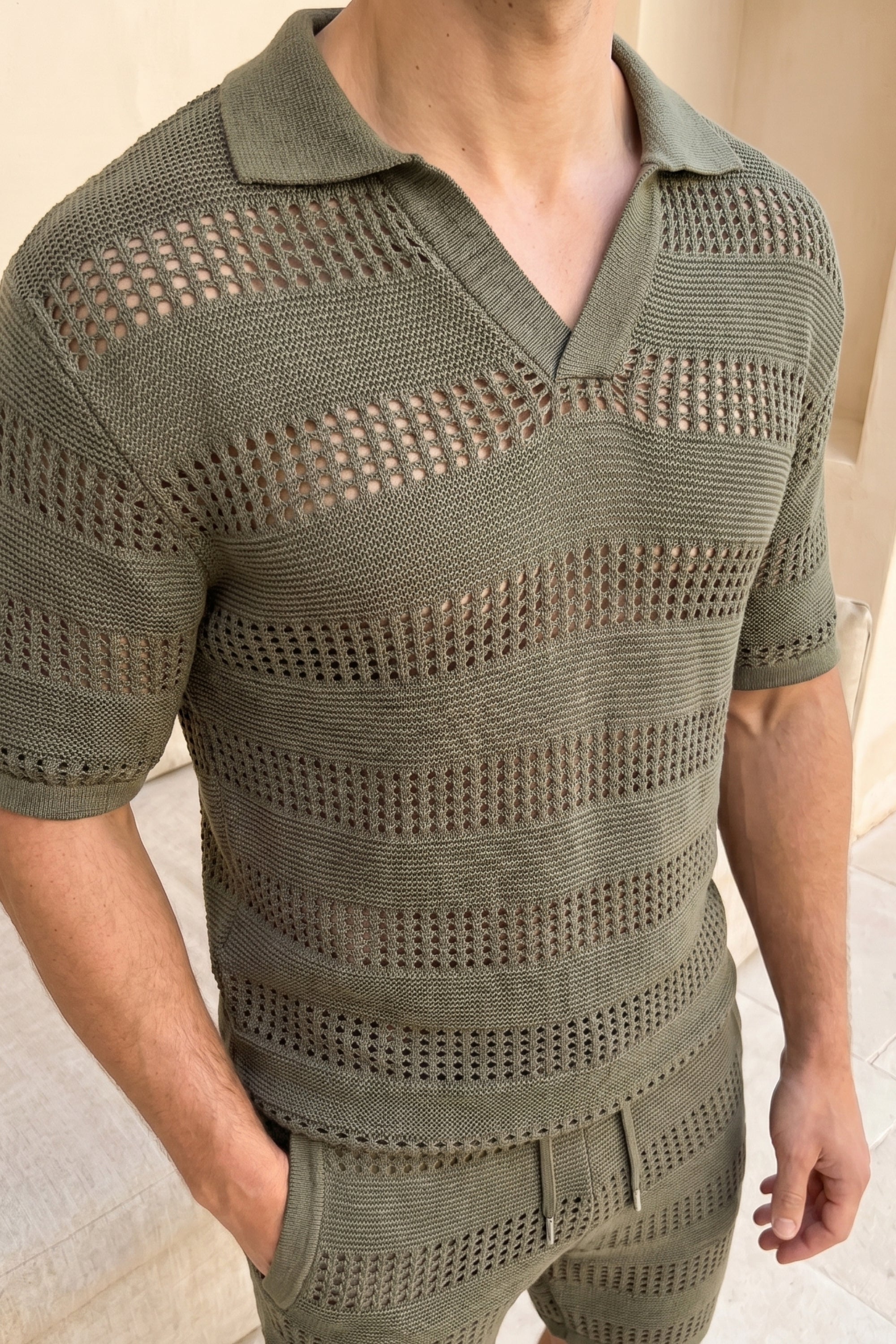 Frattina Crochet Cotton Knit Polo - Sage