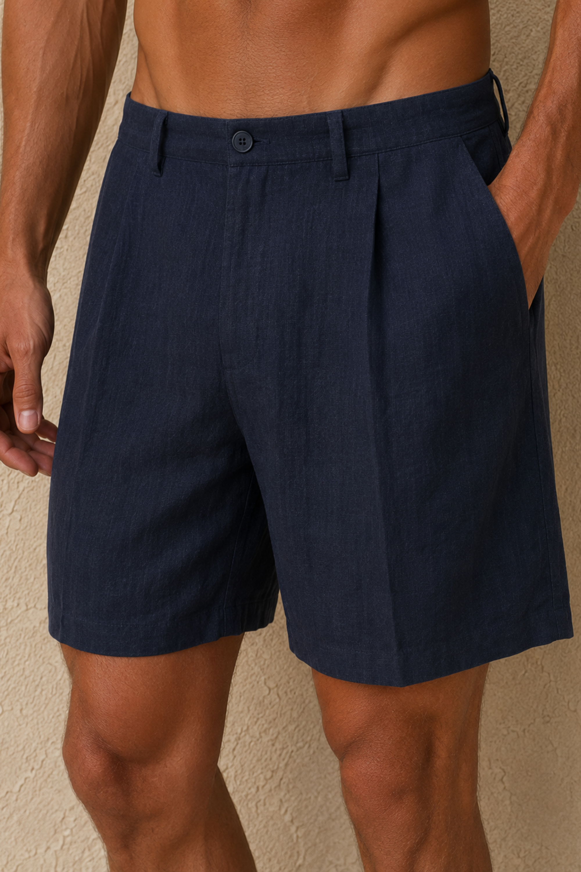 Javier linnen short met geplooide tailleband - marineblauw