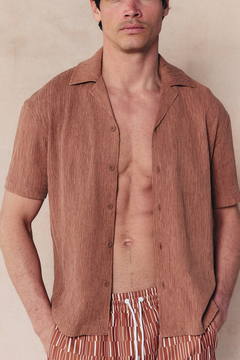 Gabriel Crinkled Tencel Short Sleeve Shirt - Rust