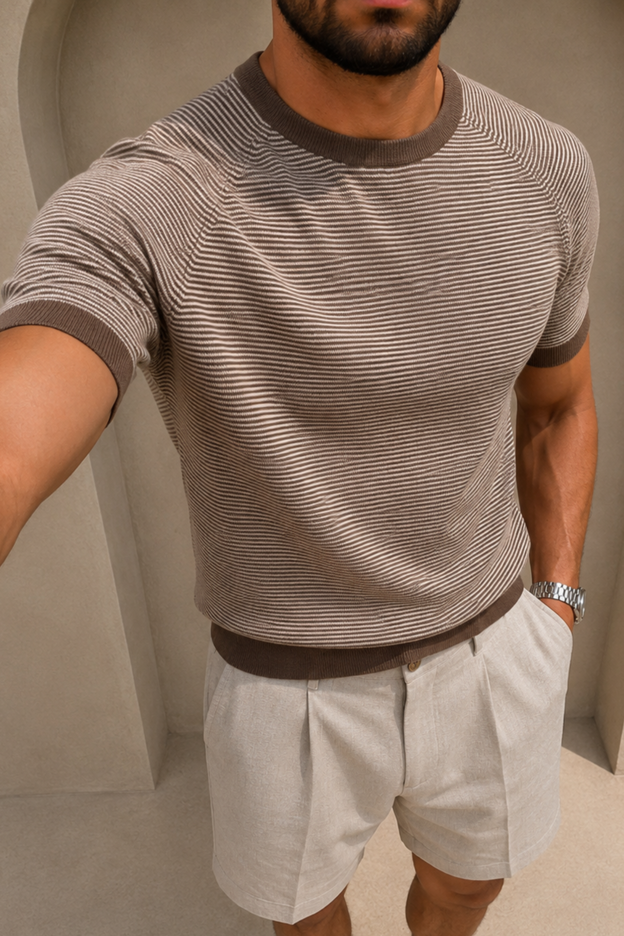 Rafael linnen gestreept T-shirt met ronde hals - Bruin/beige