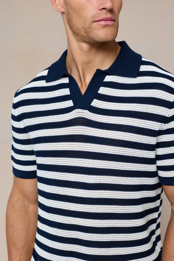 Lattolo Gestreept Gebreid Poloshirt - Marine/Ecru