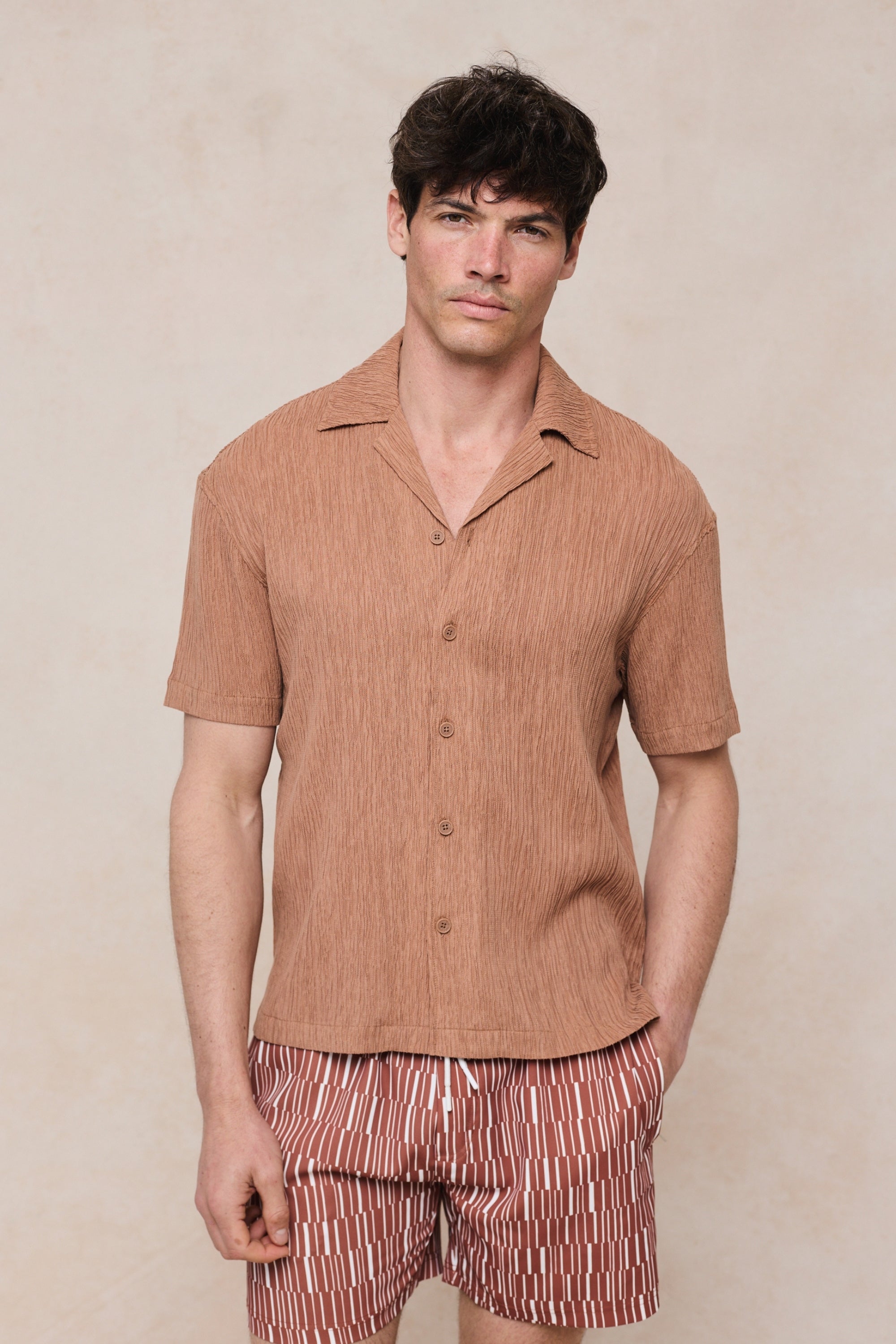 Gabriel Crinkled Tencel Short Sleeve Shirt - Rust