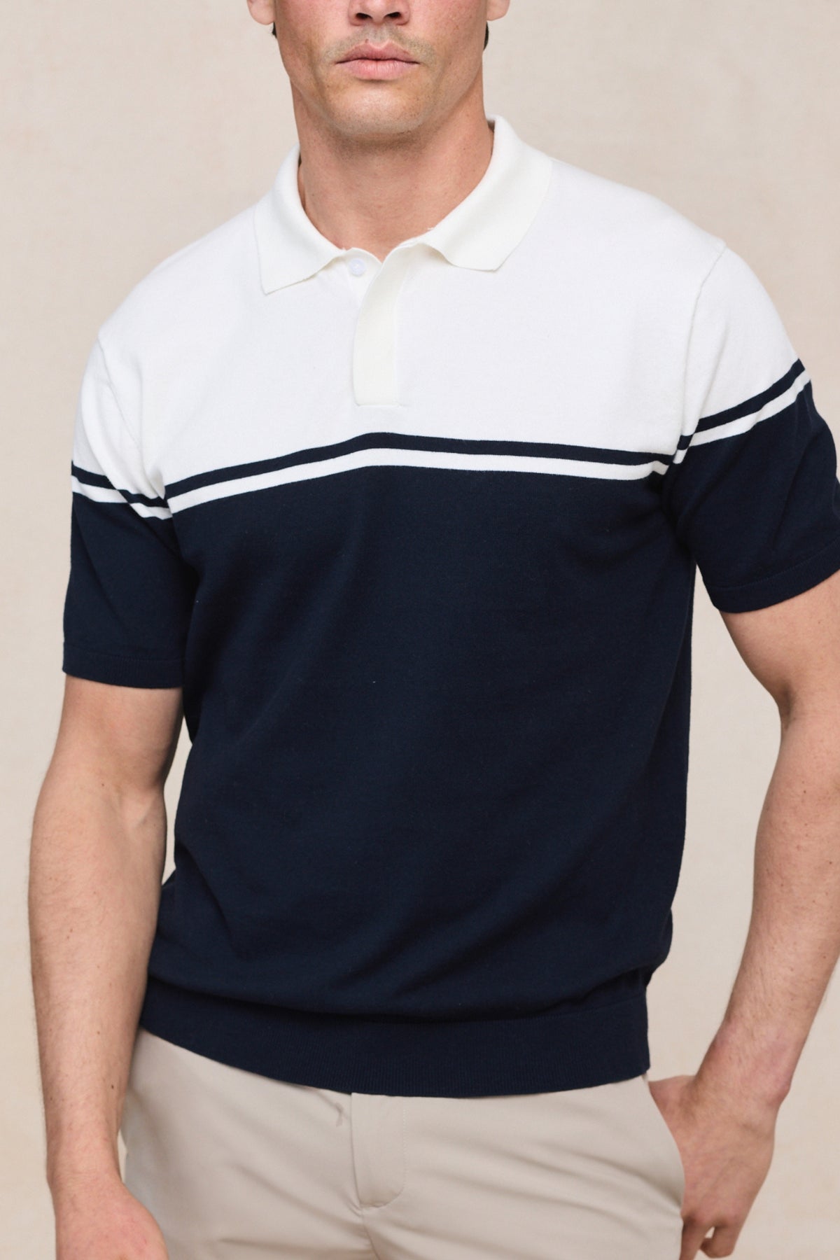 Vicolo gebreide polo met strepen en blokprint, korte mouwen - ecru/marineblauw