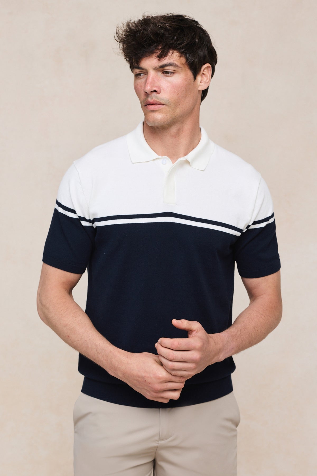 Vicolo gebreide polo met strepen en blokprint, korte mouwen - ecru/marineblauw