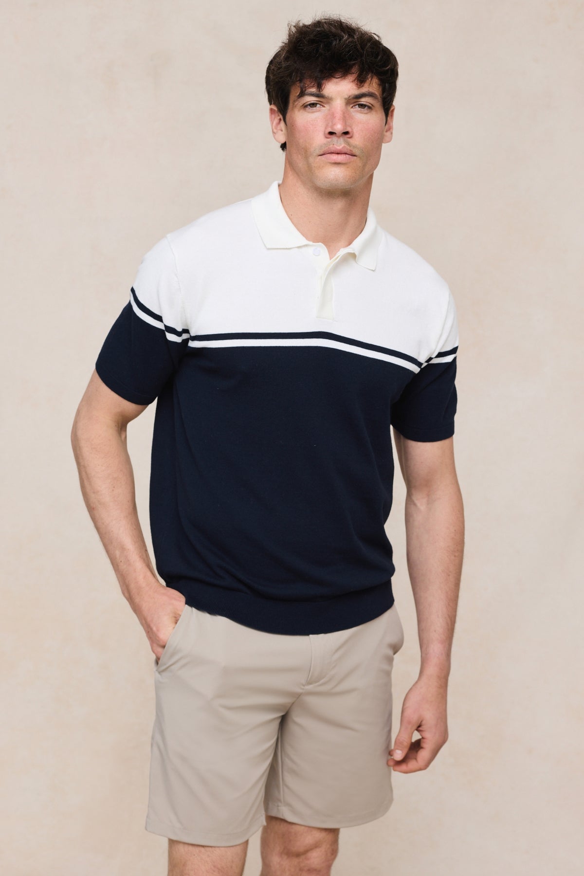 Vicolo gebreide polo met strepen en blokprint, korte mouwen - ecru/marineblauw