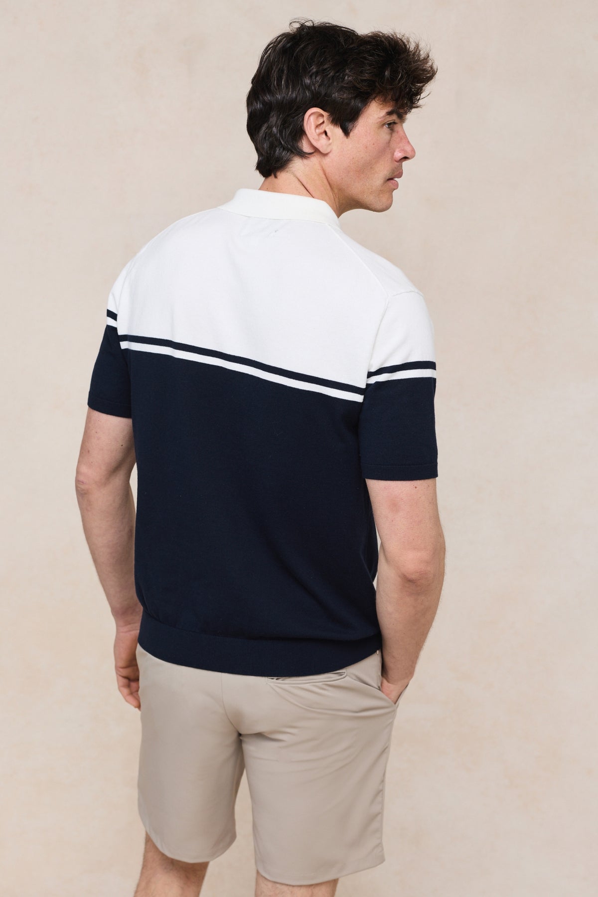 Vicolo gebreide polo met strepen en blokprint, korte mouwen - ecru/marineblauw