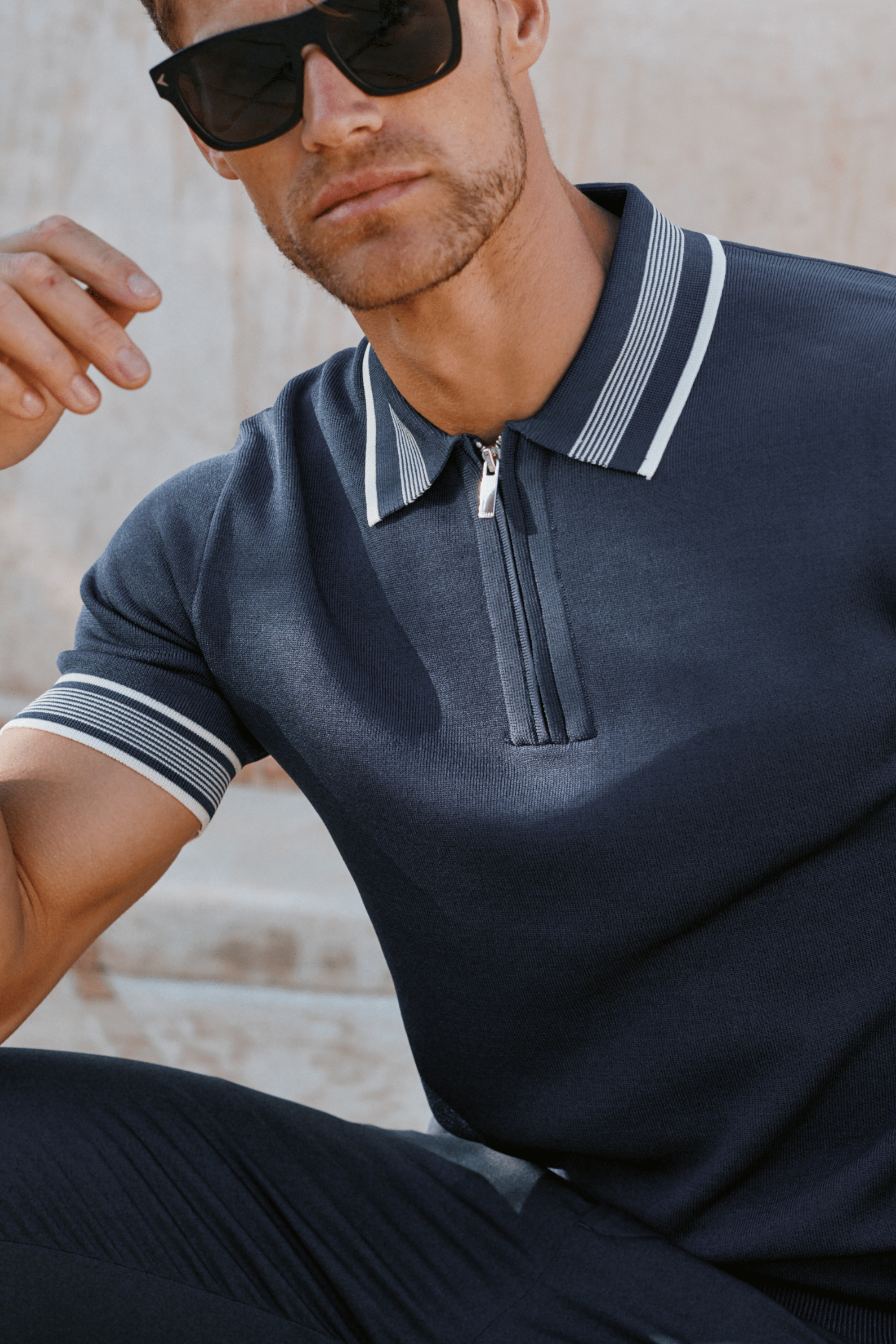 Vida Gebreid Gestreept Poloshirt - Marine