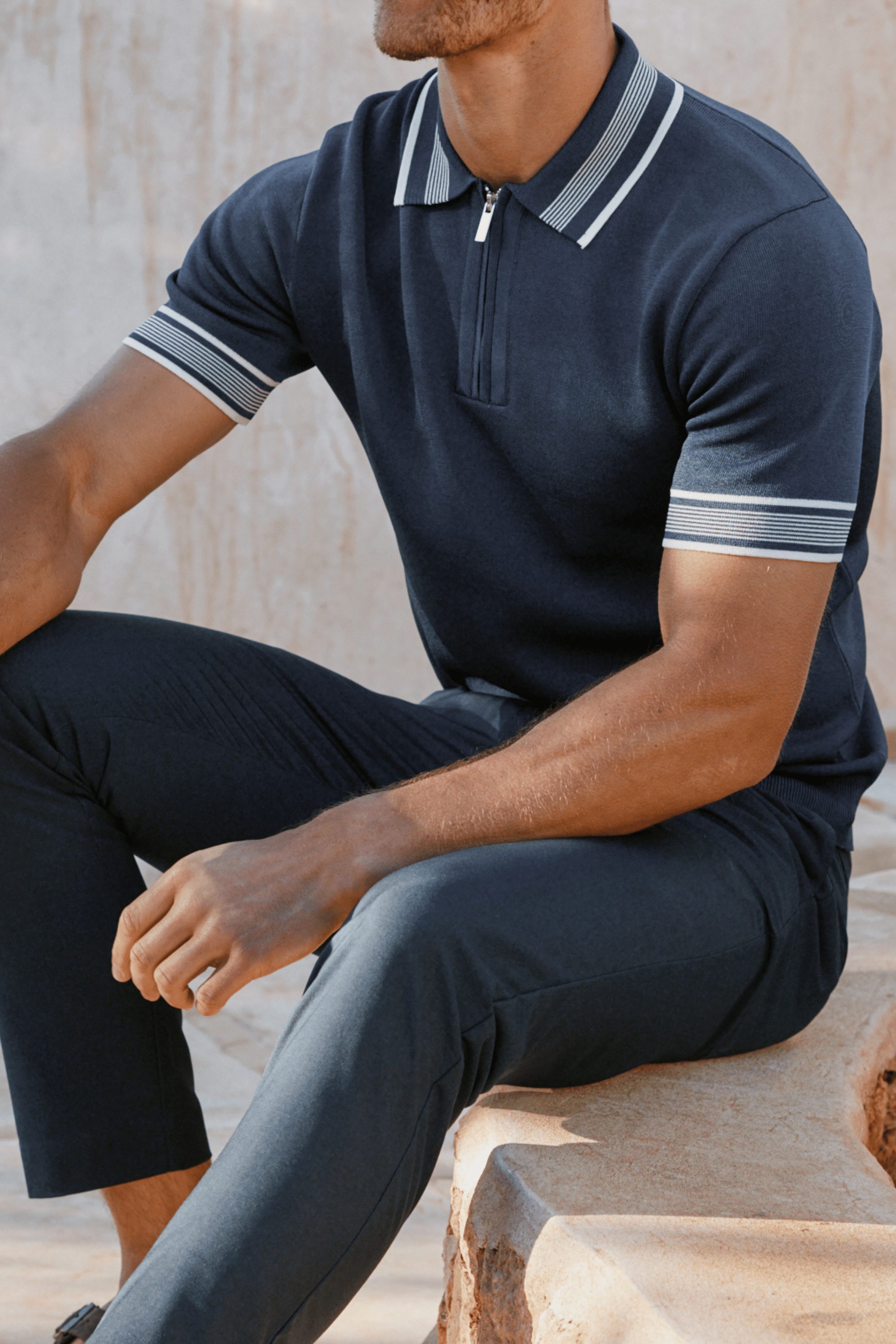 Vida Gebreid Gestreept Poloshirt - Marine