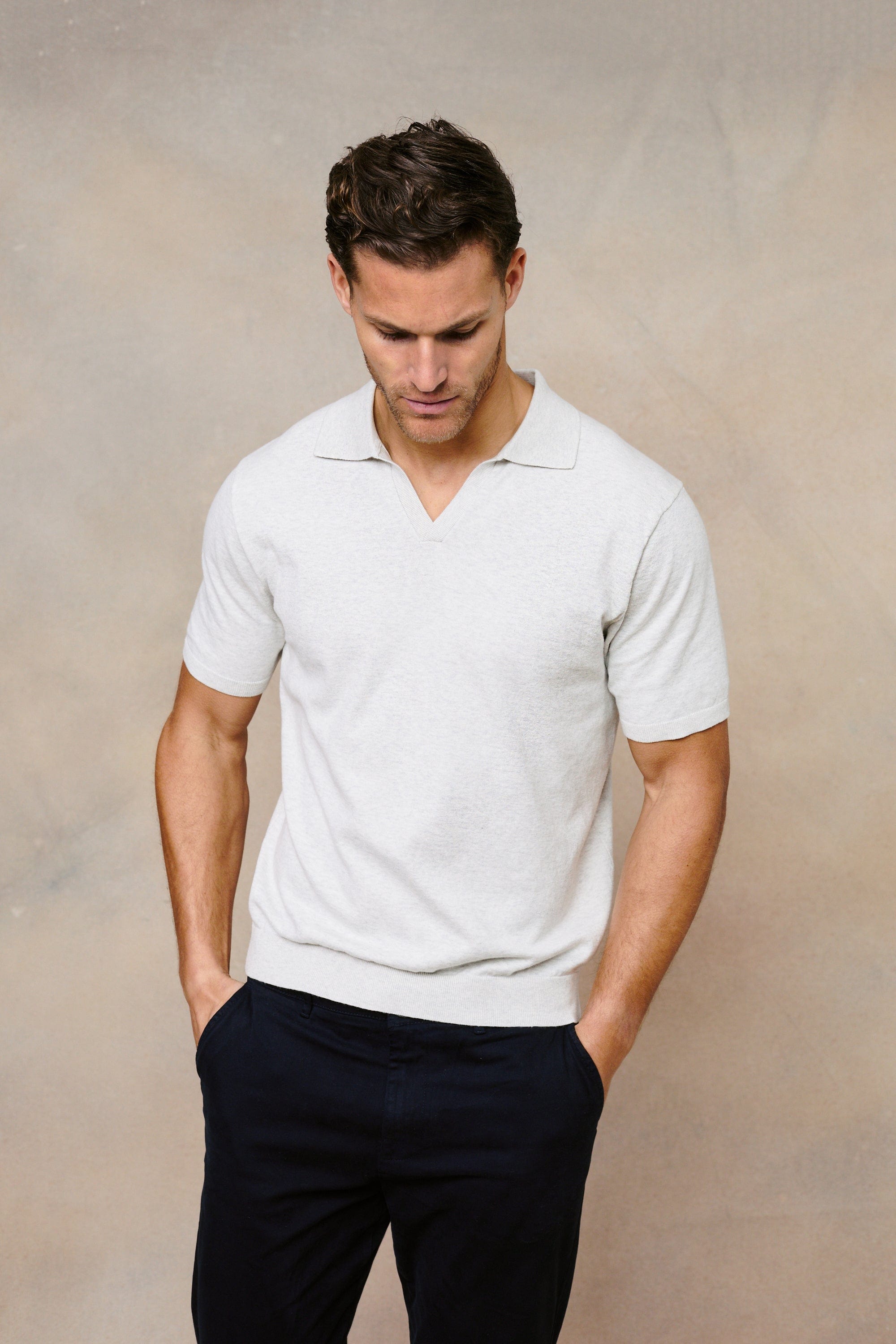 Privia gebreide polo met open hals - grijs gemêleerd