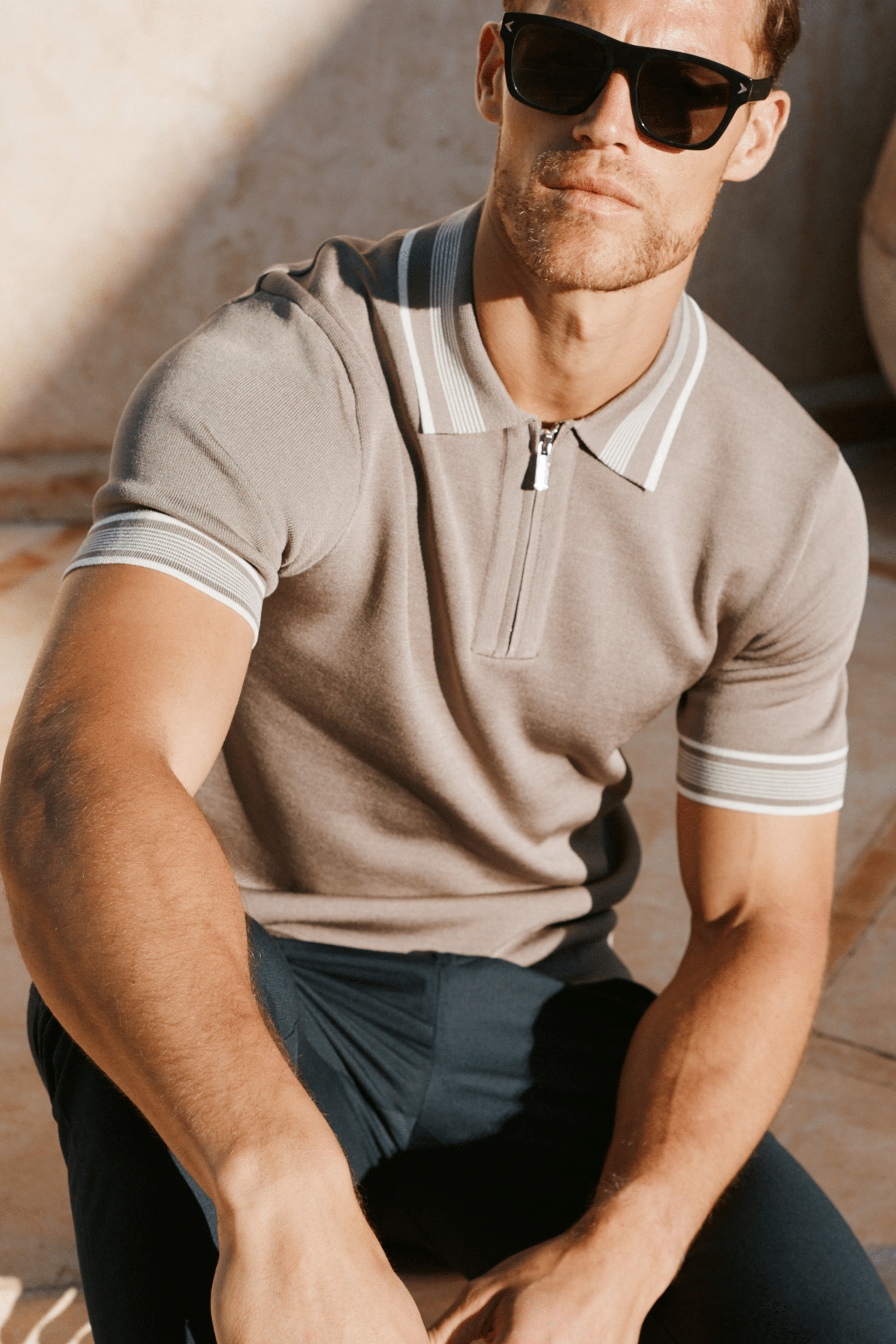 Vida Gebreid Gestreept Poloshirt - Taupe