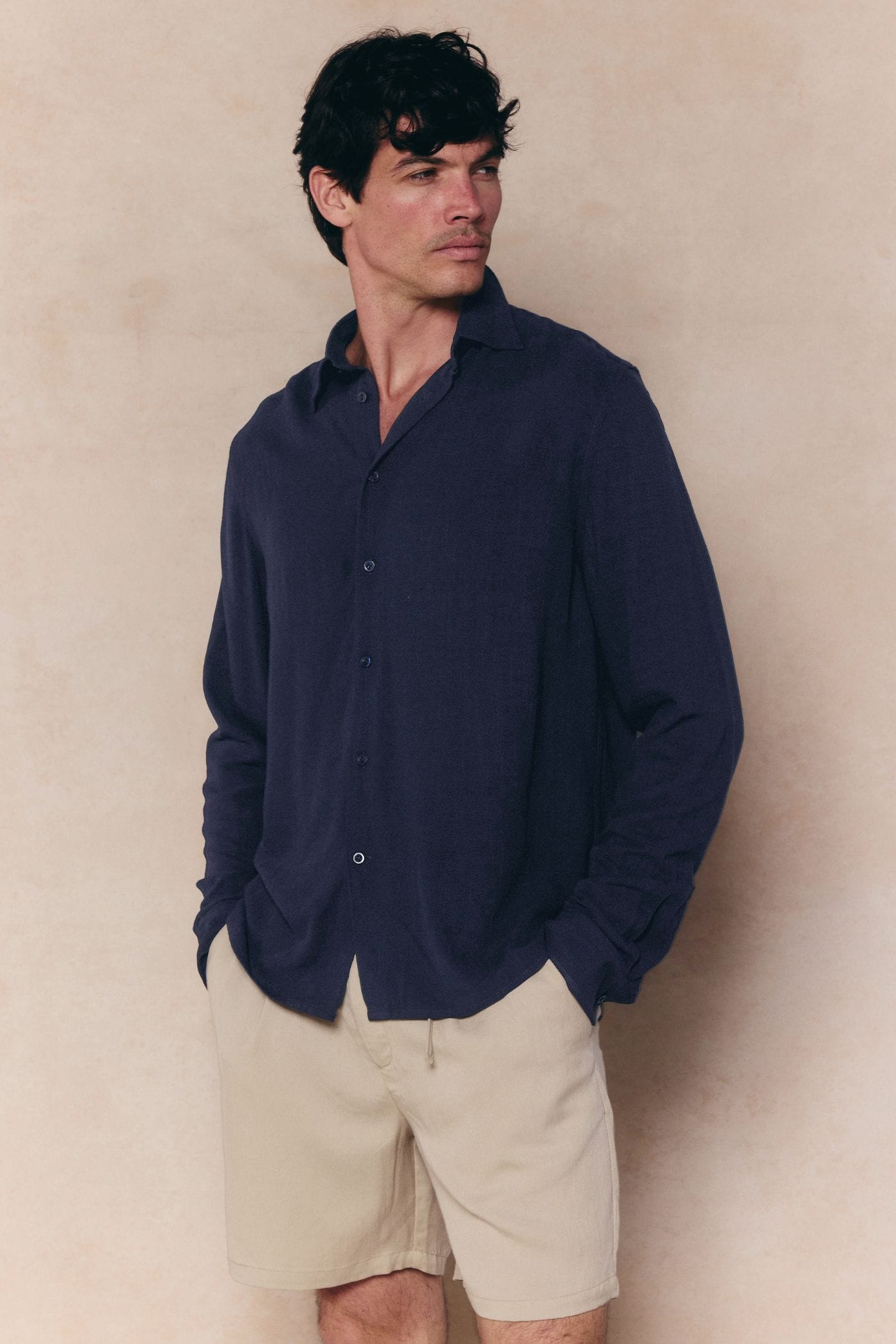 Cami Linen Classic Collar Shirt - Navy