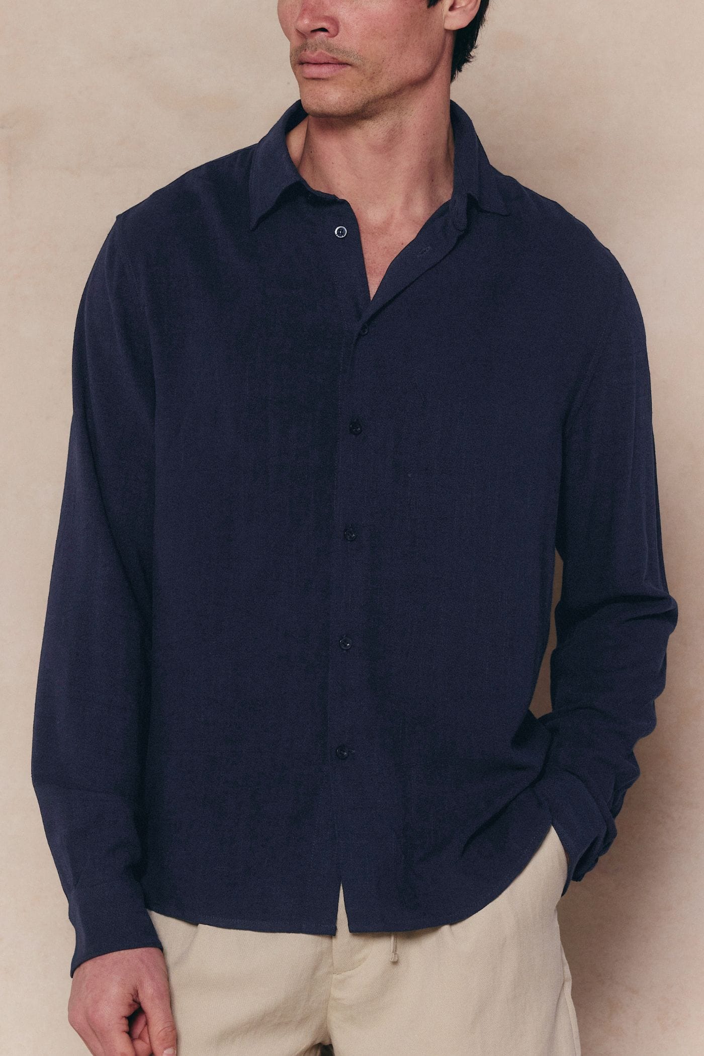 Cami Linen Classic Collar Shirt - Navy