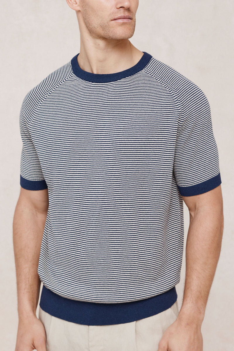 Rafael linnen gestreept T-shirt met ronde hals - Marineblauw/beige
