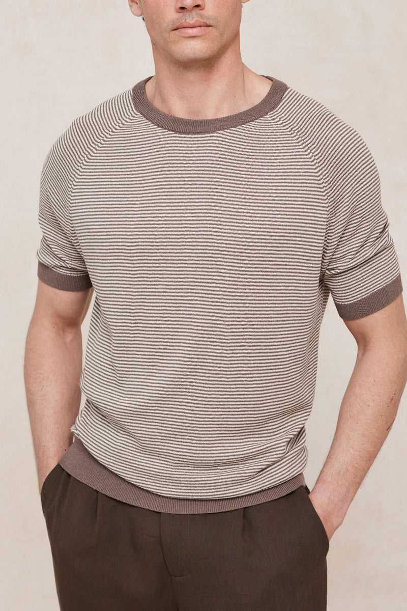 Rafael linnen gestreept T-shirt met ronde hals - Bruin/beige