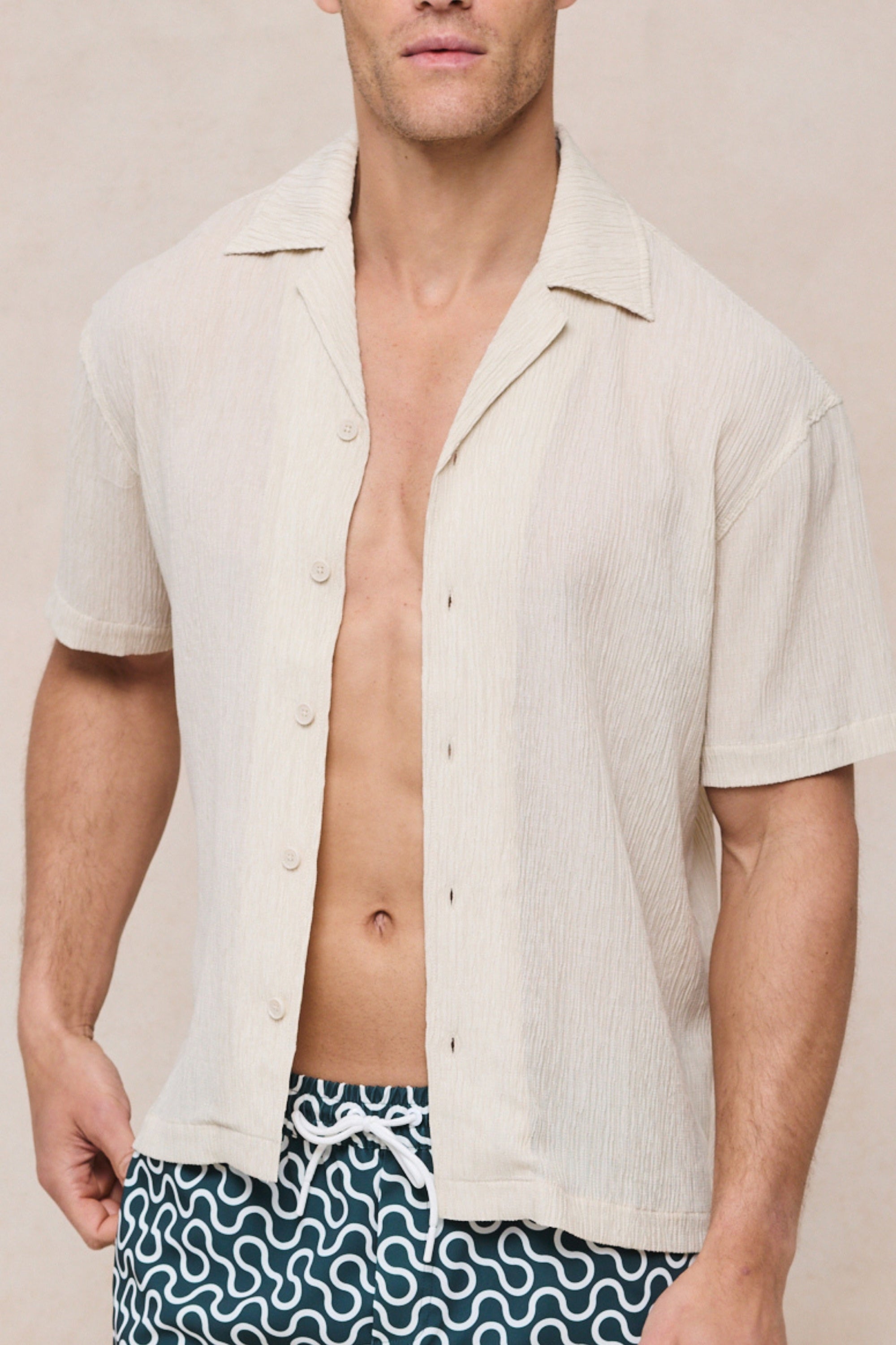 Gabriel gekreukeld Tencel overhemd met korte mouwen - beige