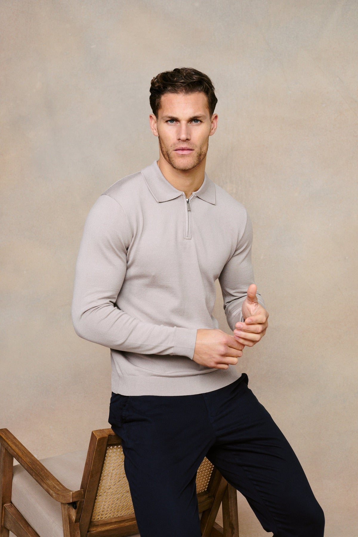 Knitted Long Sleeve Zip Polo Shirt - Warm Grey