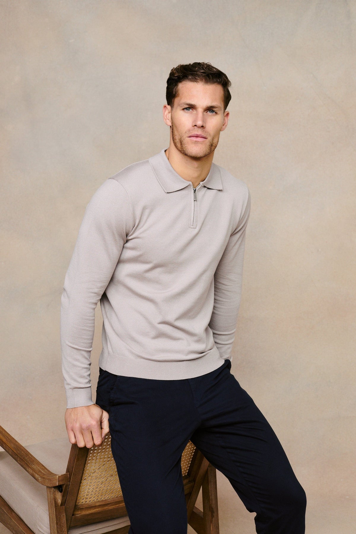 Knitted Long Sleeve Zip Polo Shirt - Warm Grey