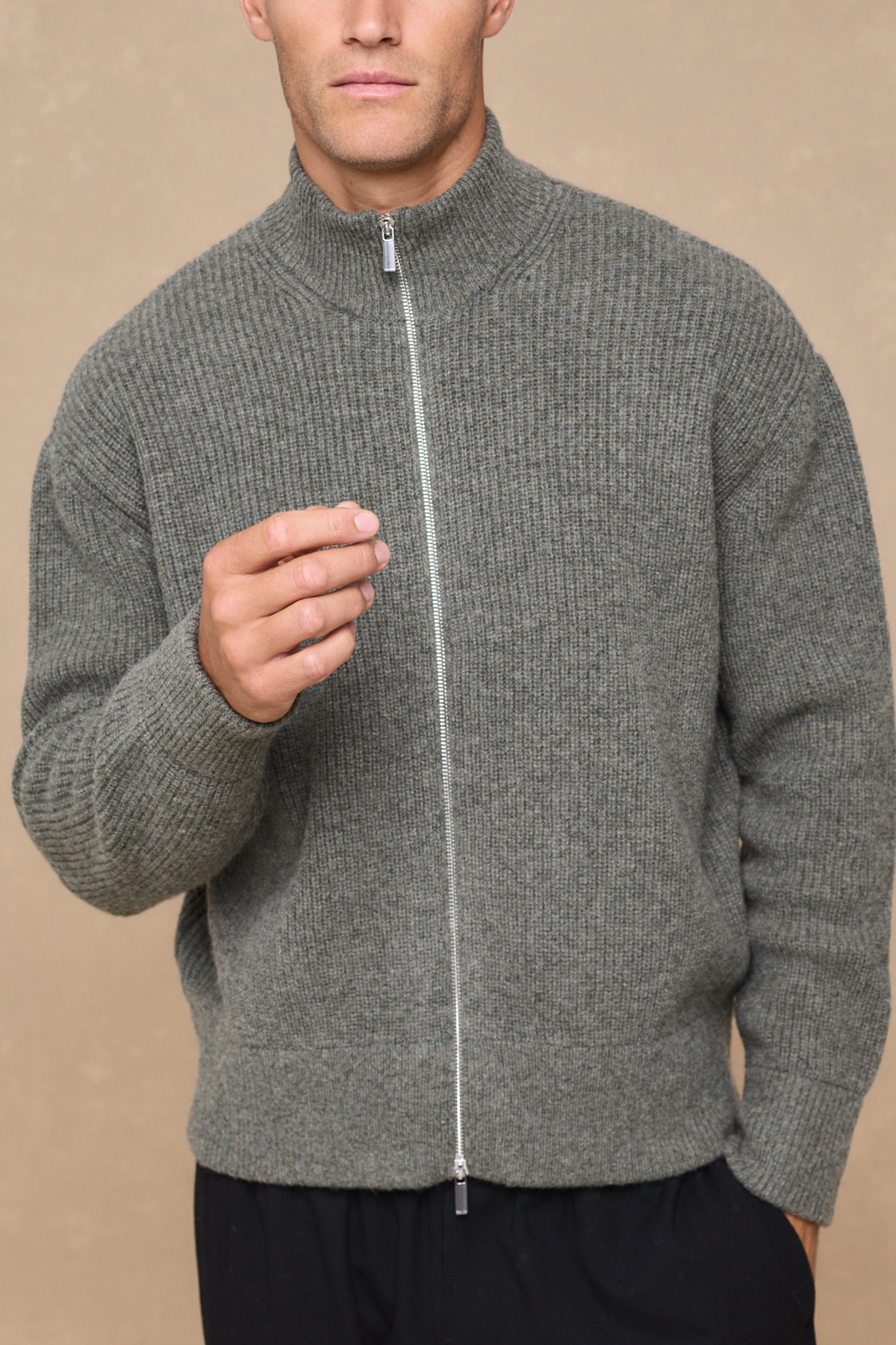 Seb Zip Through Rib Knit Bomber - Sage Green