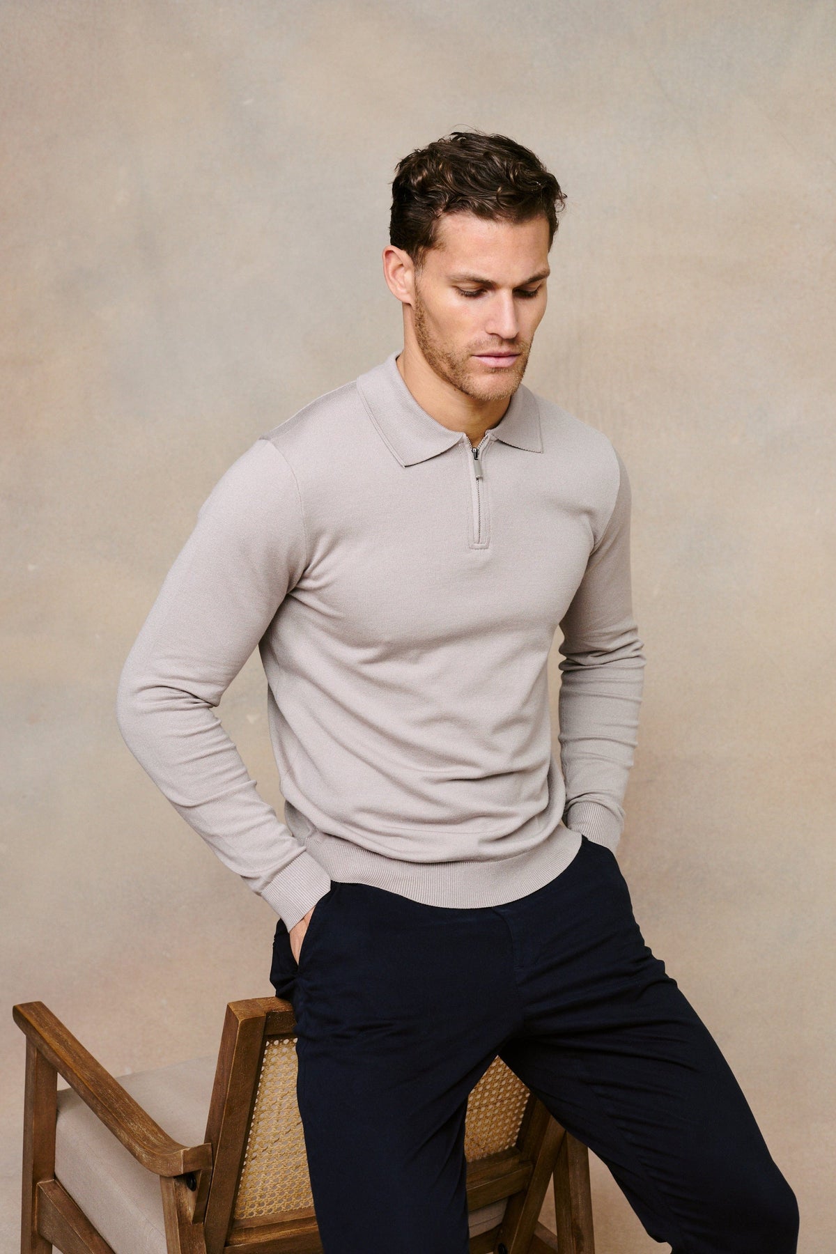 Knitted Long Sleeve Zip Polo Shirt - Warm Grey