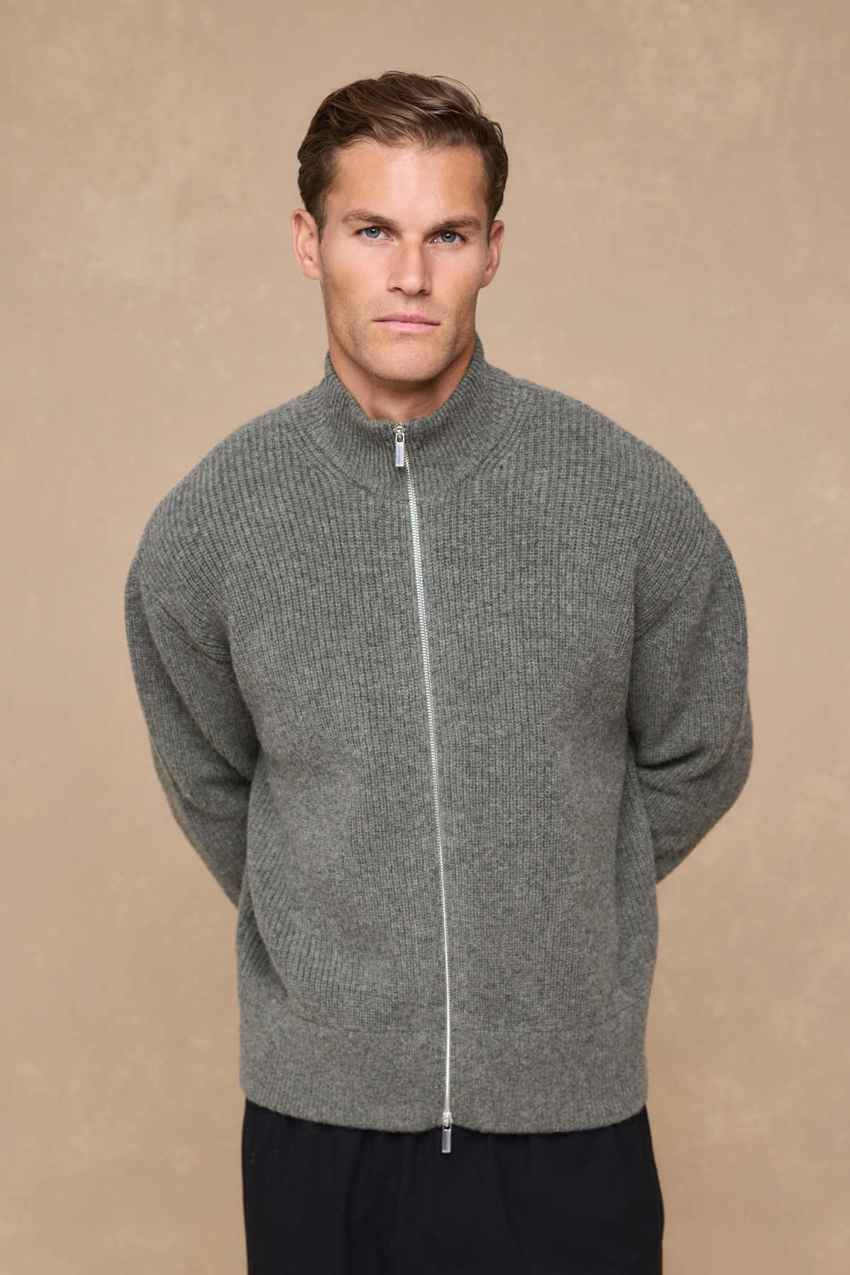 Seb Zip Through Rib Knit Bomber - Sage Green