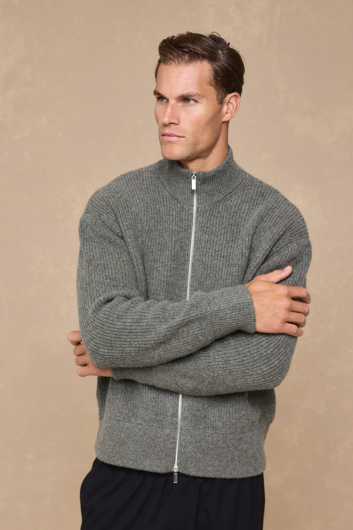 Seb Zip Through Rib Knit Bomber - Sage Green