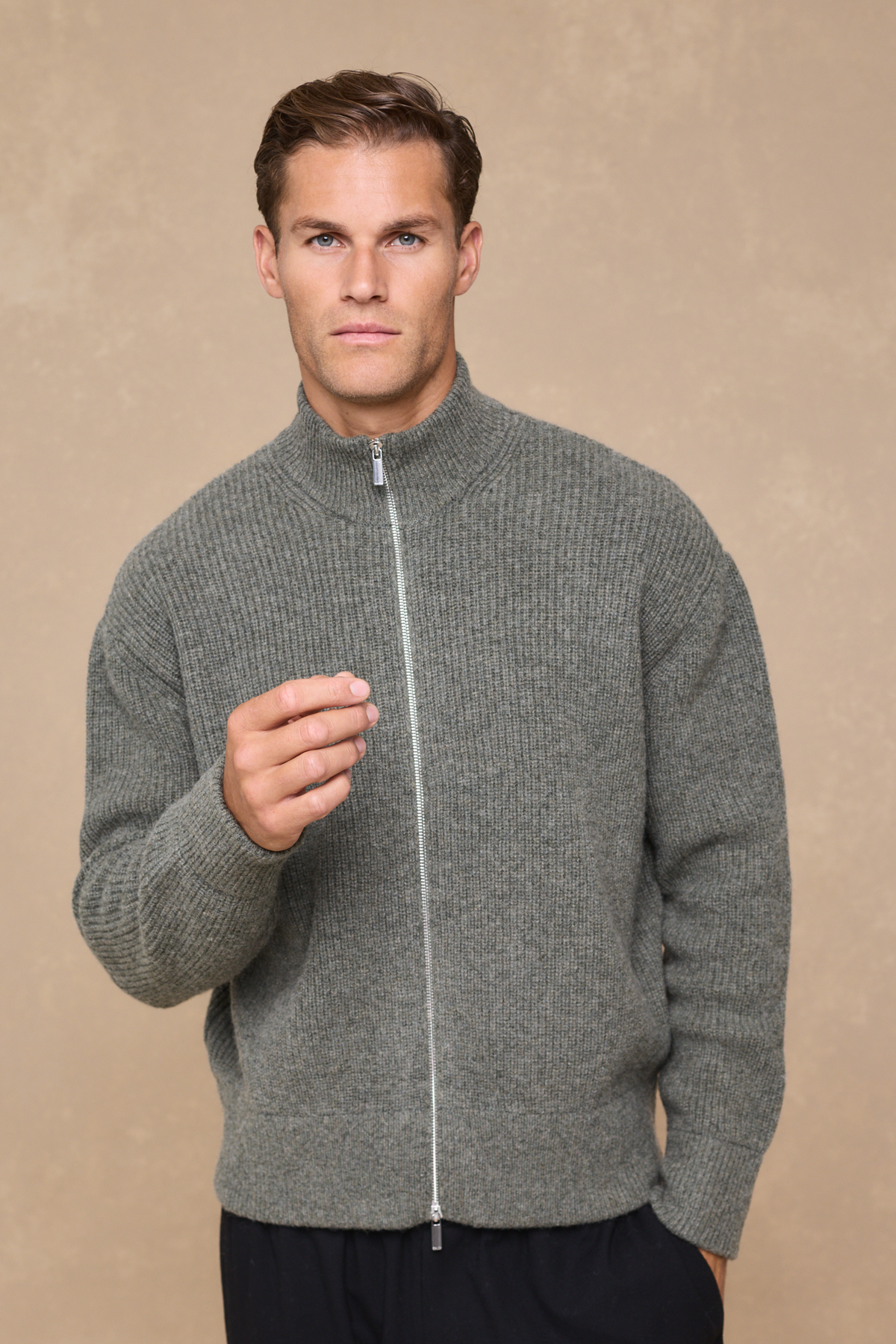 Seb Zip Through Rib Knit Bomber - Sage Green