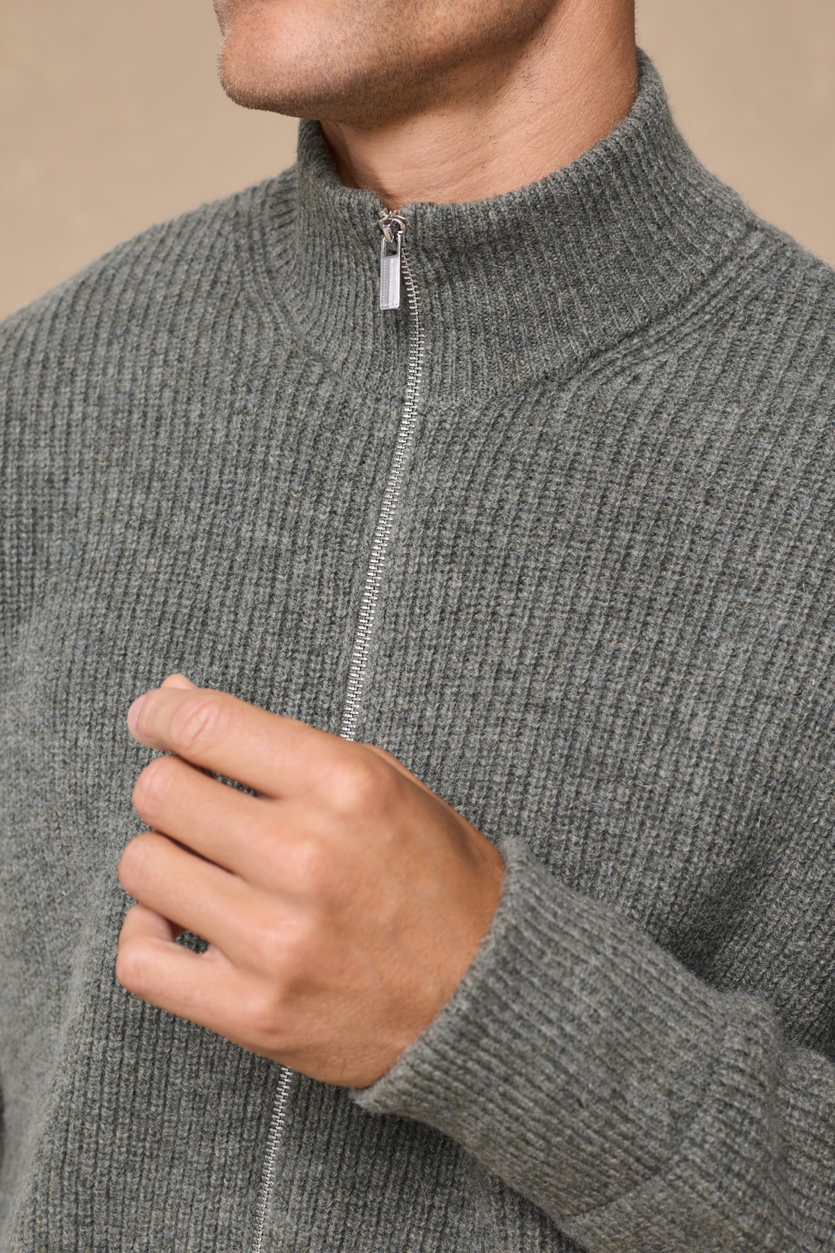 Seb Zip Through Rib Knit Bomber - Sage Green