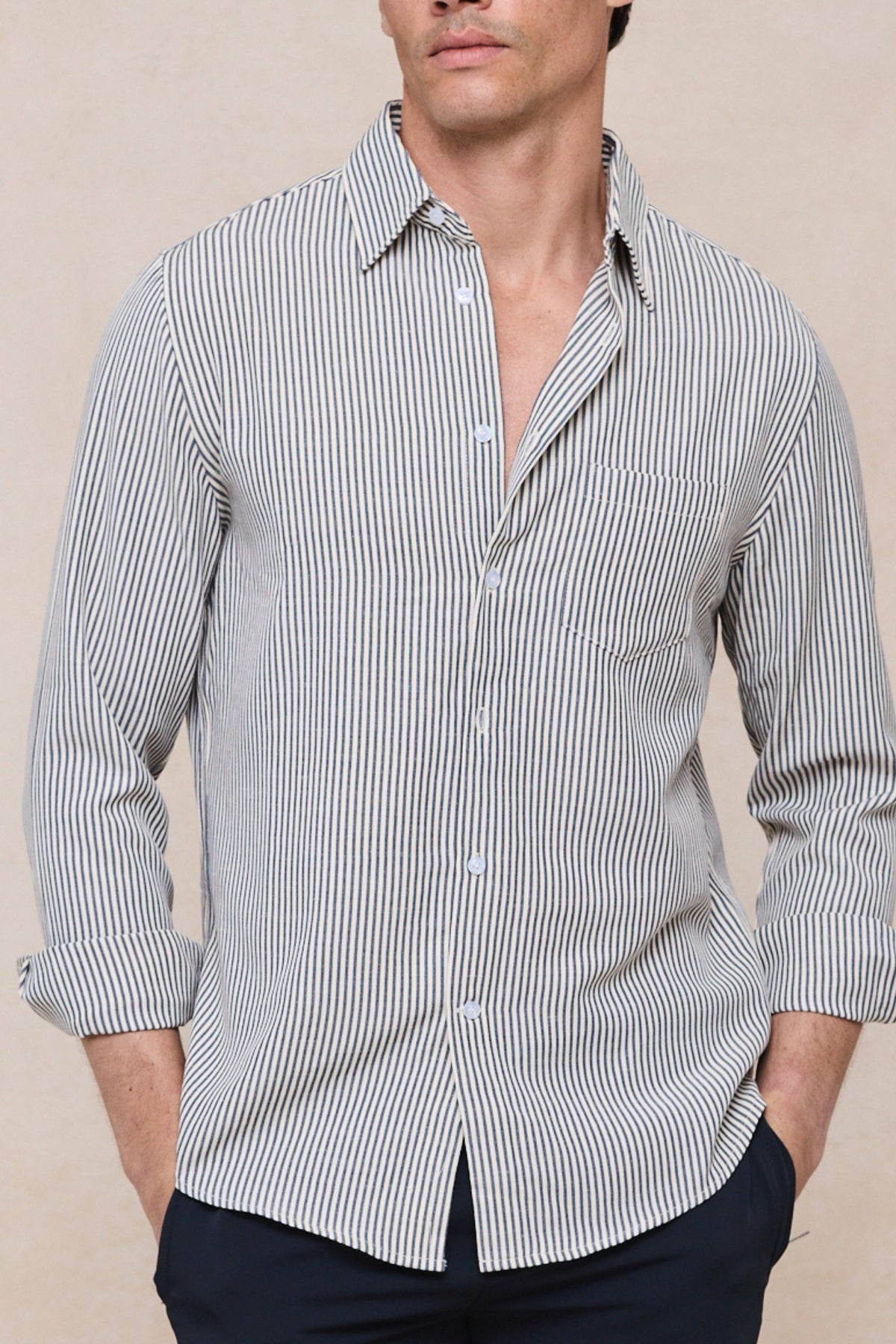 Abili gestreept katoenen shirt - Ecru/Marineblauw
