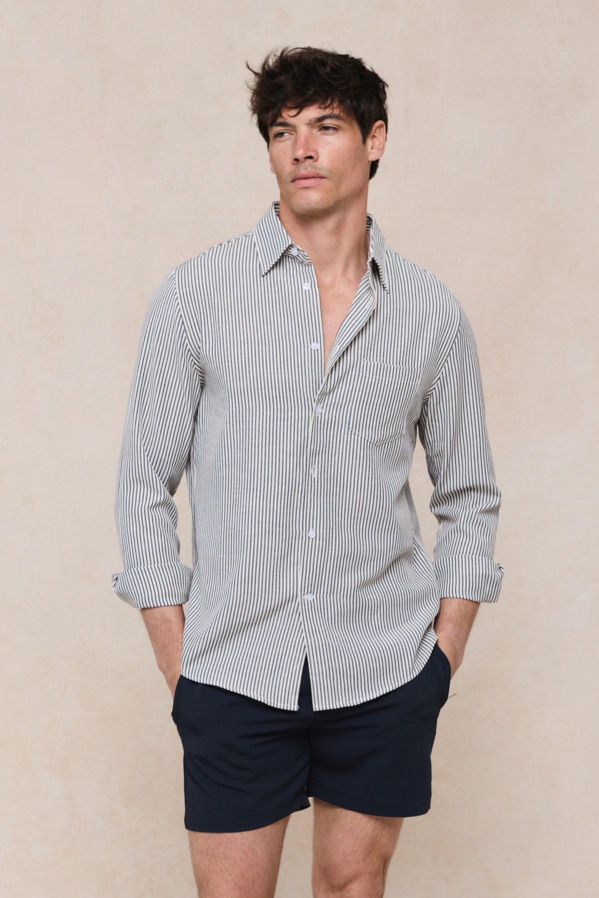 Abili gestreept katoenen shirt - Ecru/Marineblauw