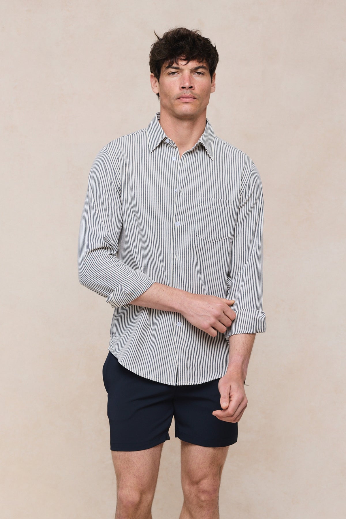 Abili gestreept katoenen shirt - Ecru/Marineblauw