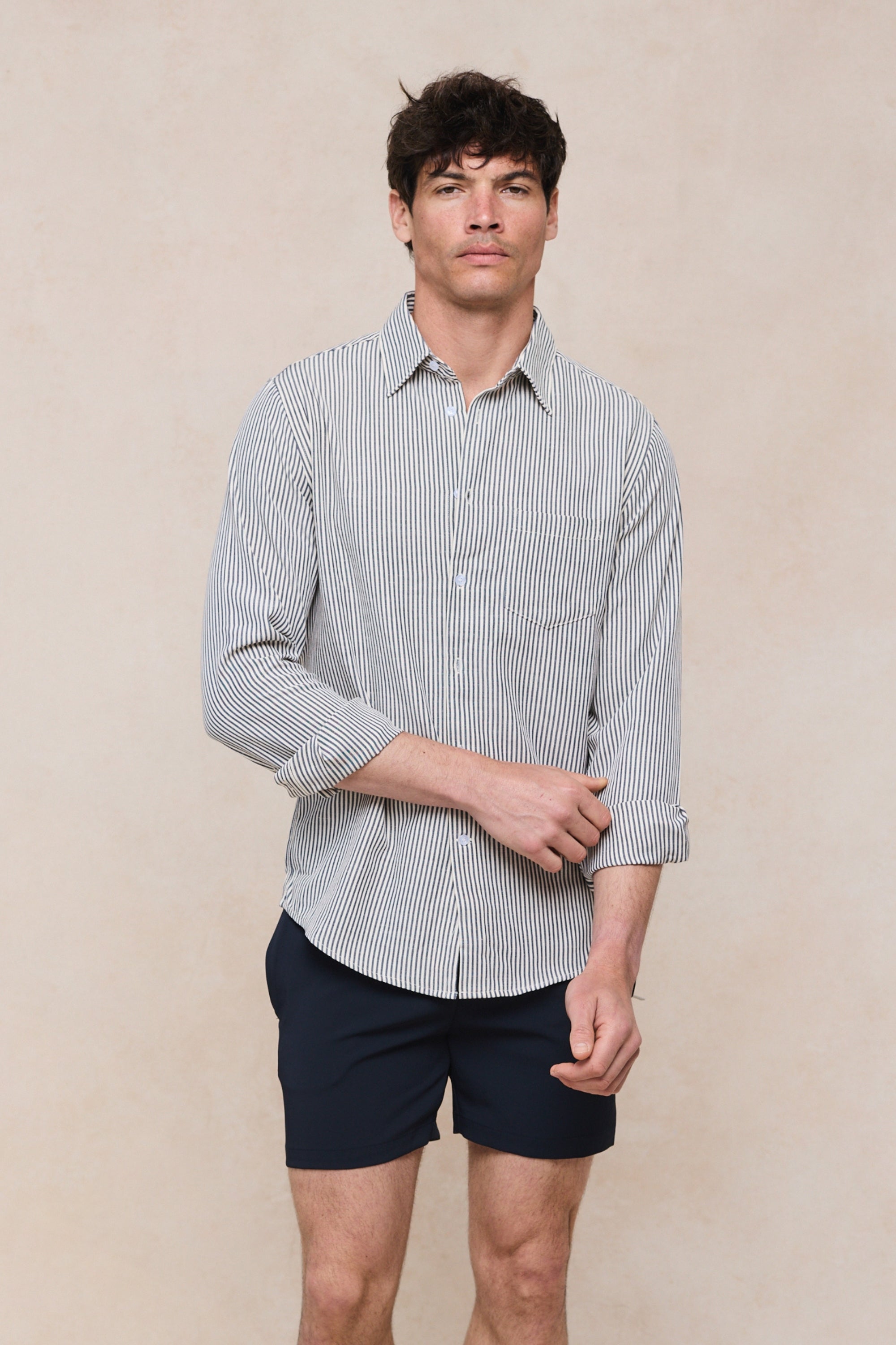 Abili gestreept katoenen shirt - Ecru/Marineblauw