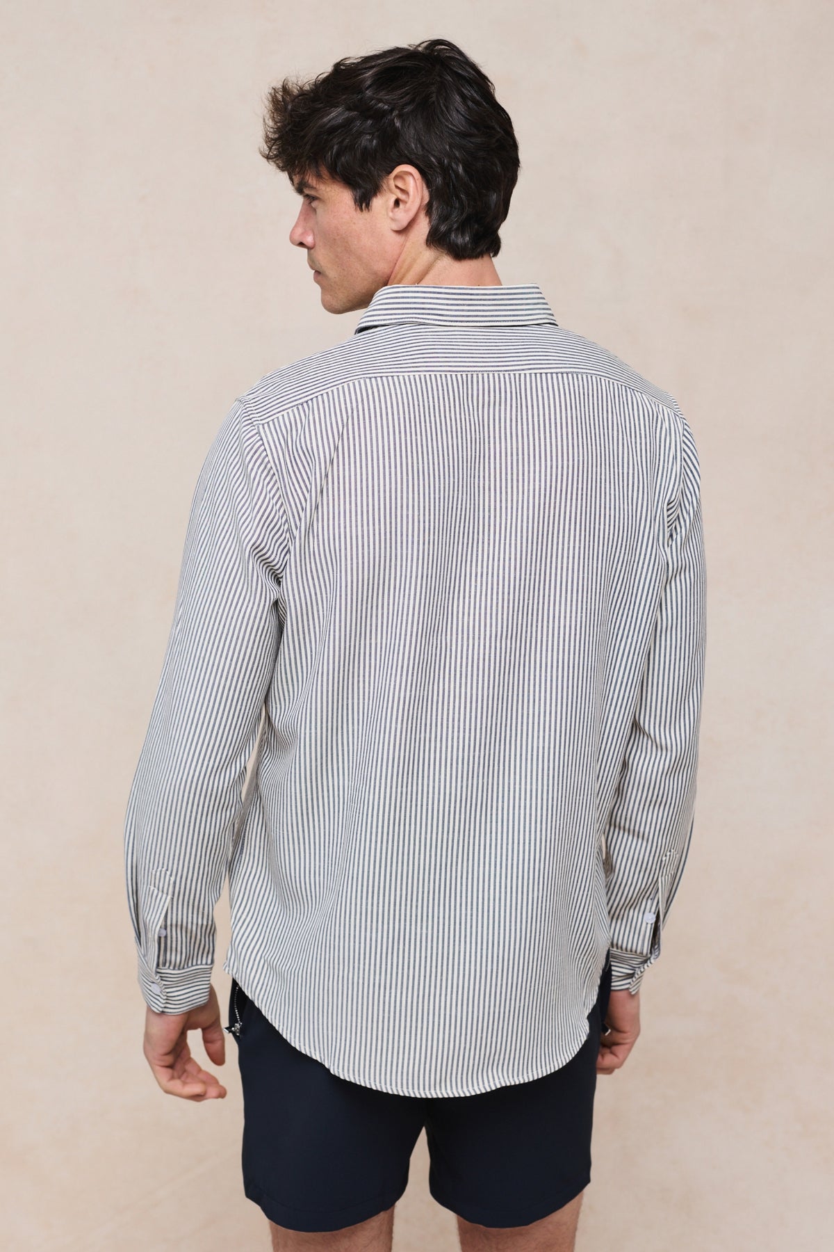 Abili gestreept katoenen shirt - Ecru/Marineblauw