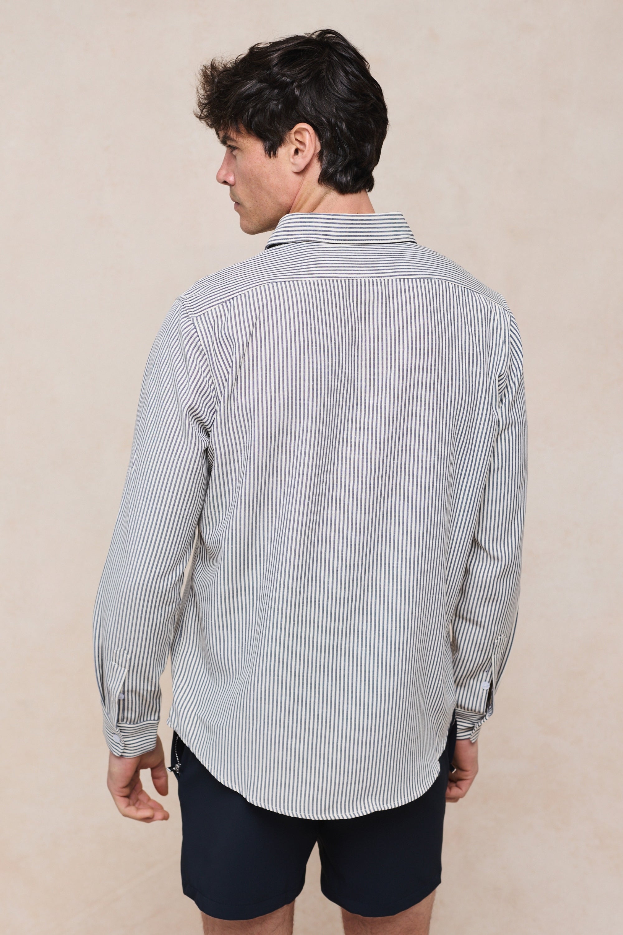 Abili gestreept katoenen shirt - Ecru/Marineblauw