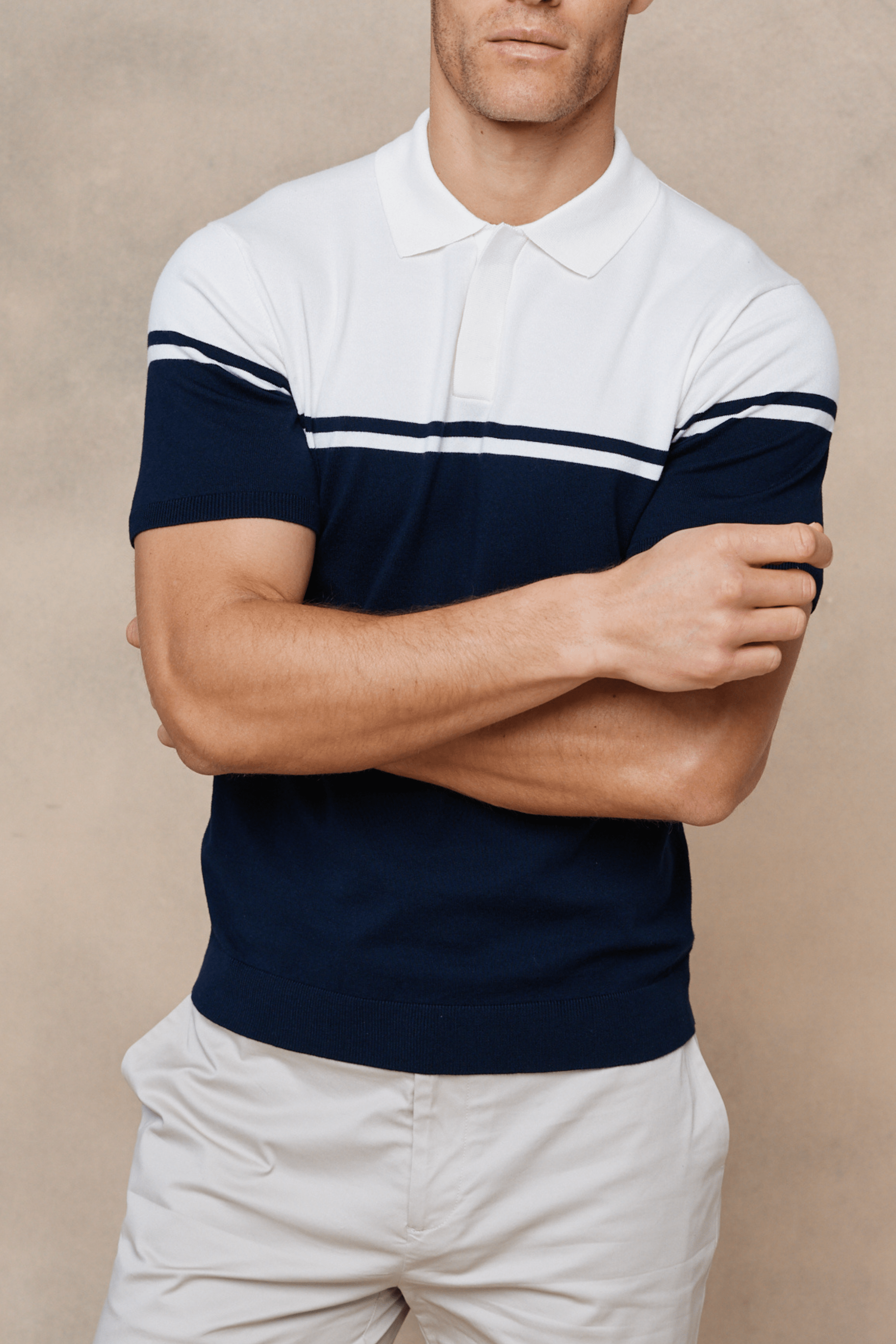 Vicolo Knitted Striped Block Polo SS - Ecru/Navy