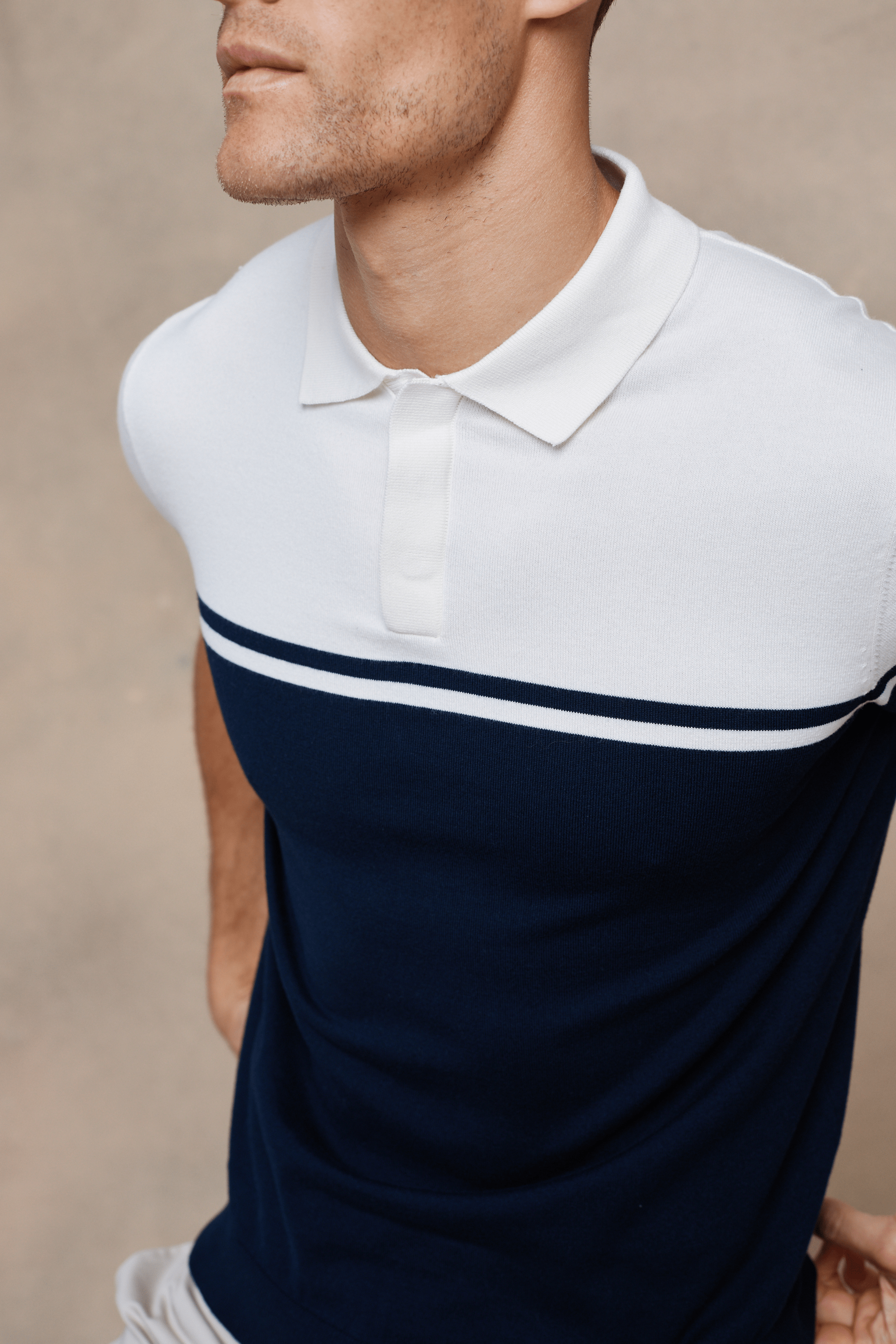 Vicolo Knitted Striped Block Polo SS - Ecru/Navy