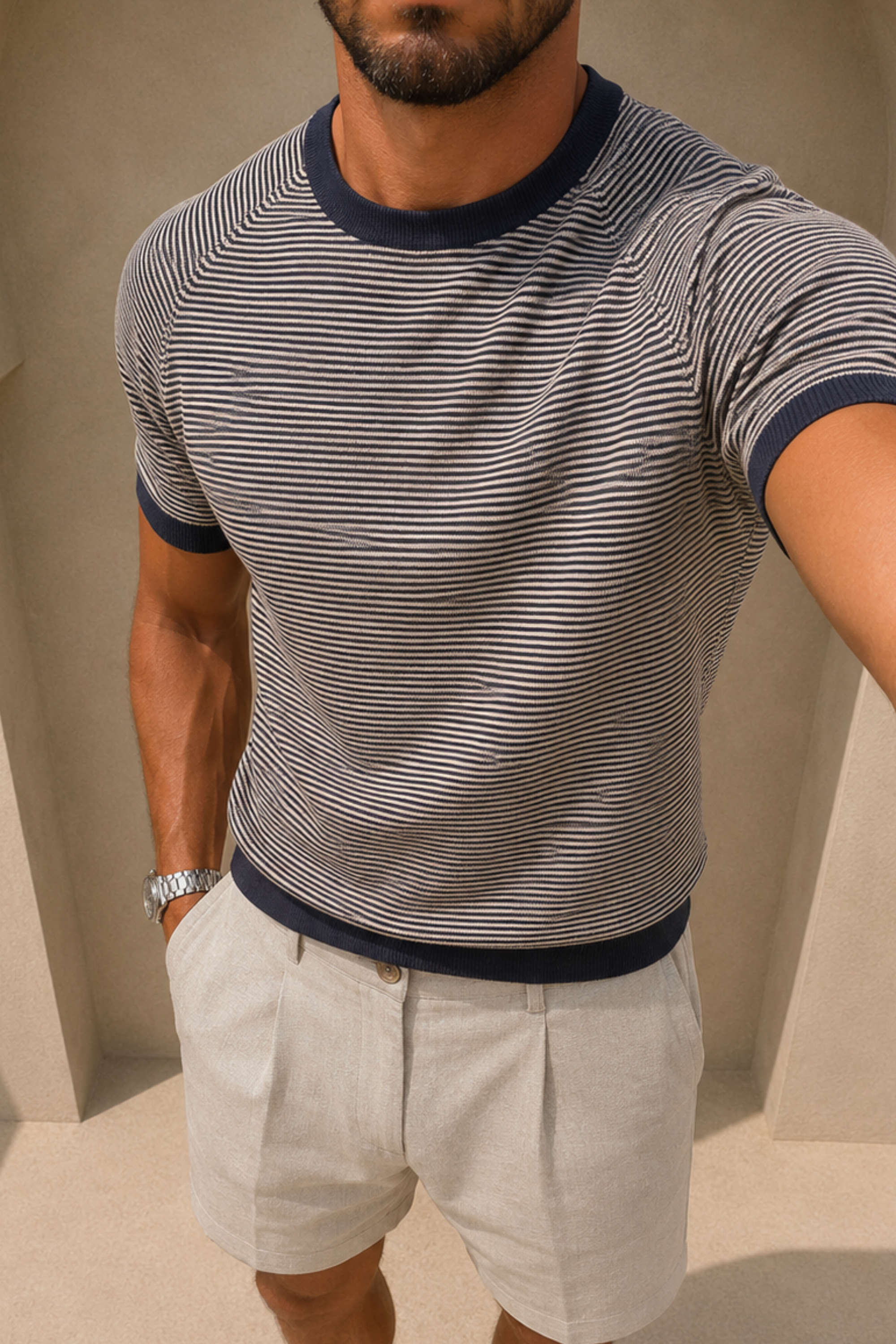 Rafael linnen gestreept T-shirt met ronde hals - Marineblauw/beige