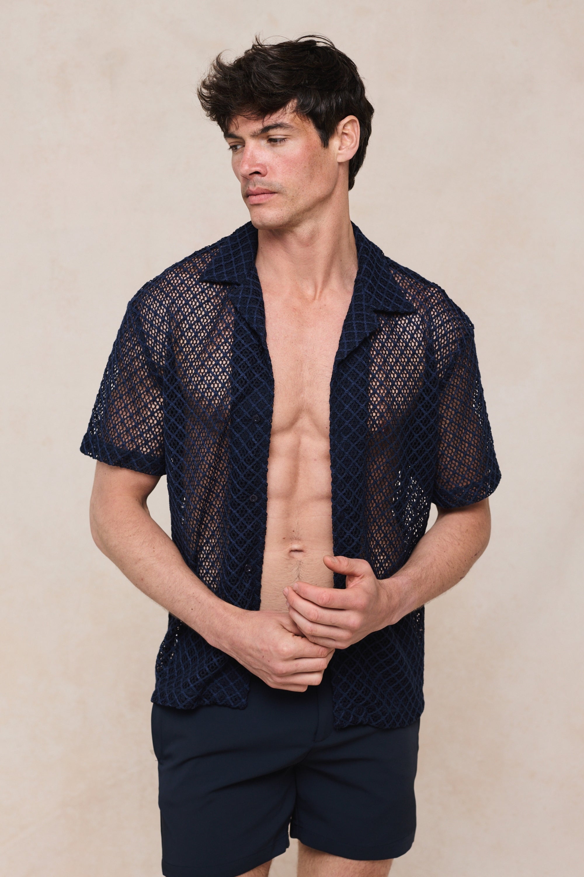 Marcelo overhemd met korte mouwen en kant - Marineblauw